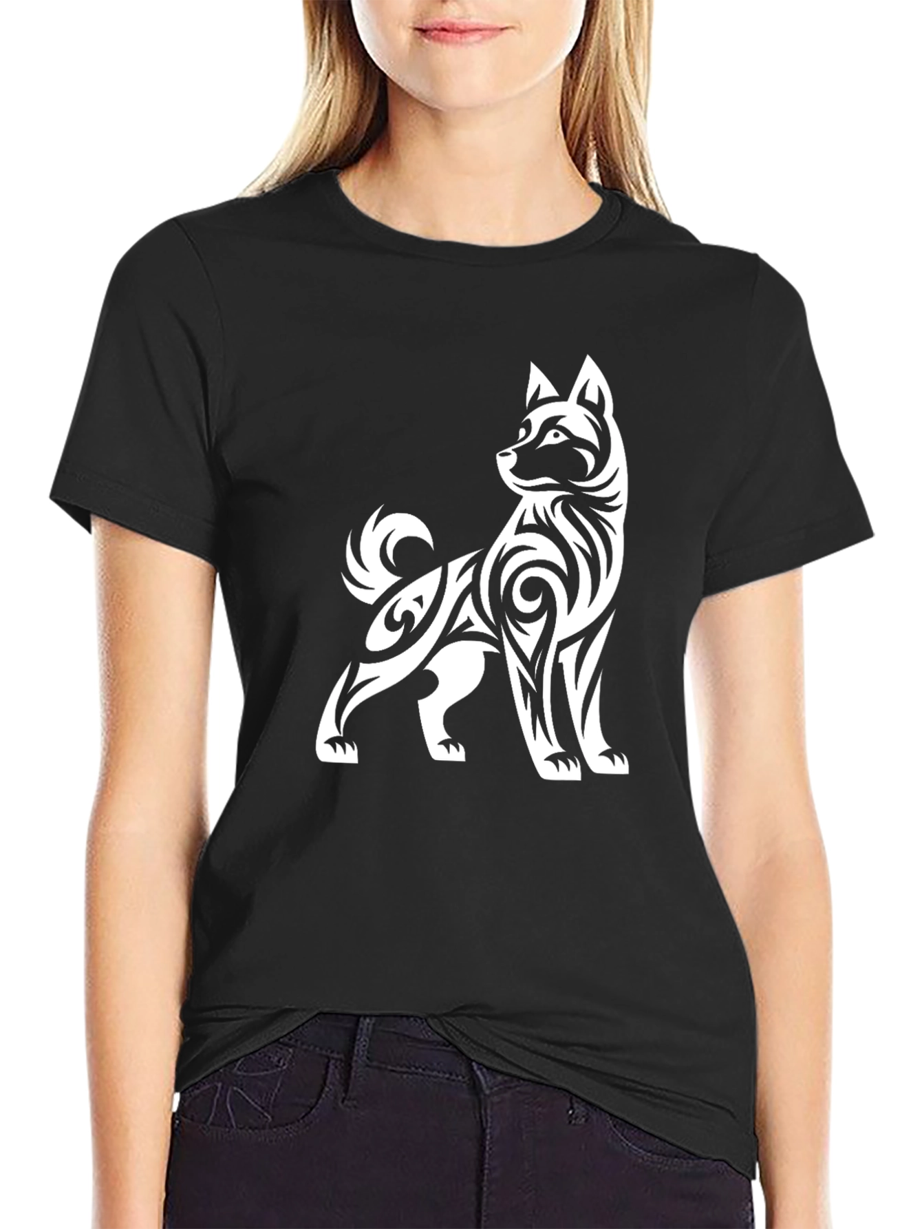 Tribal Dog Graphic Tee - Black Cotton Blend