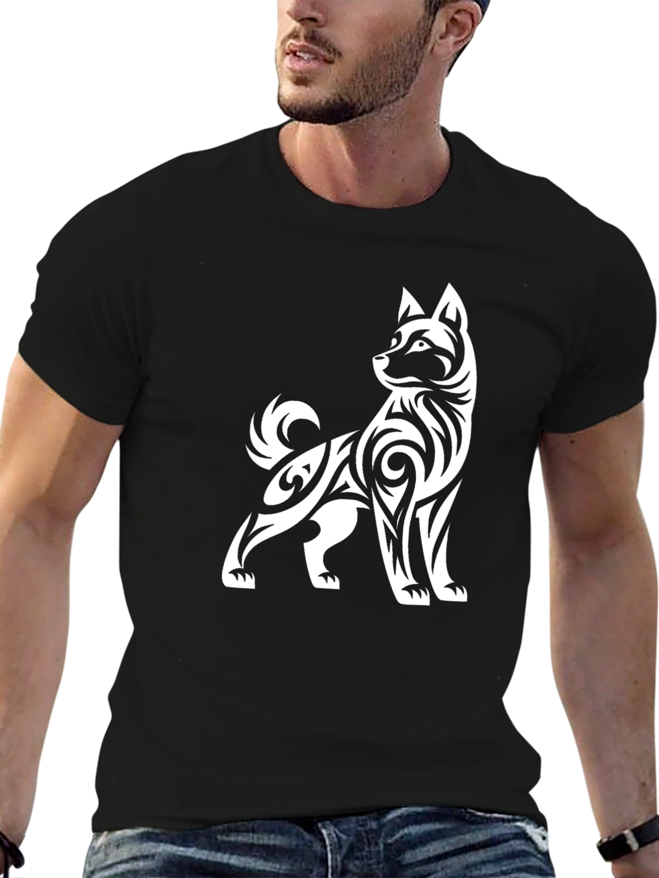 Tribal Dog Graphic Tee - Black Cotton Blend