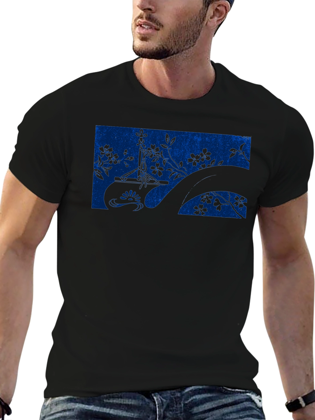 Blue Botanical Graphic Black T-Shirt