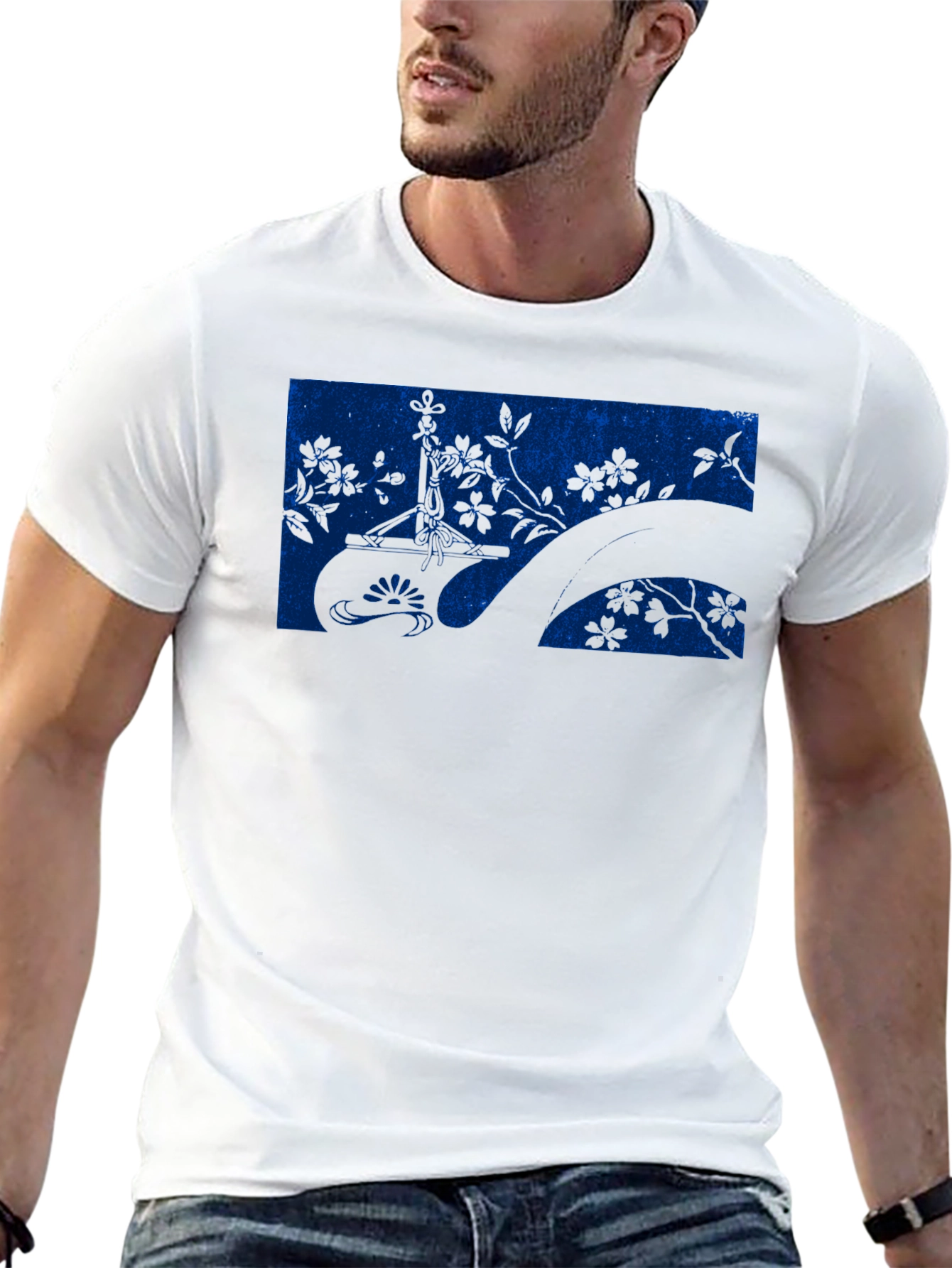 Blue Botanical Graphic Black T-Shirt