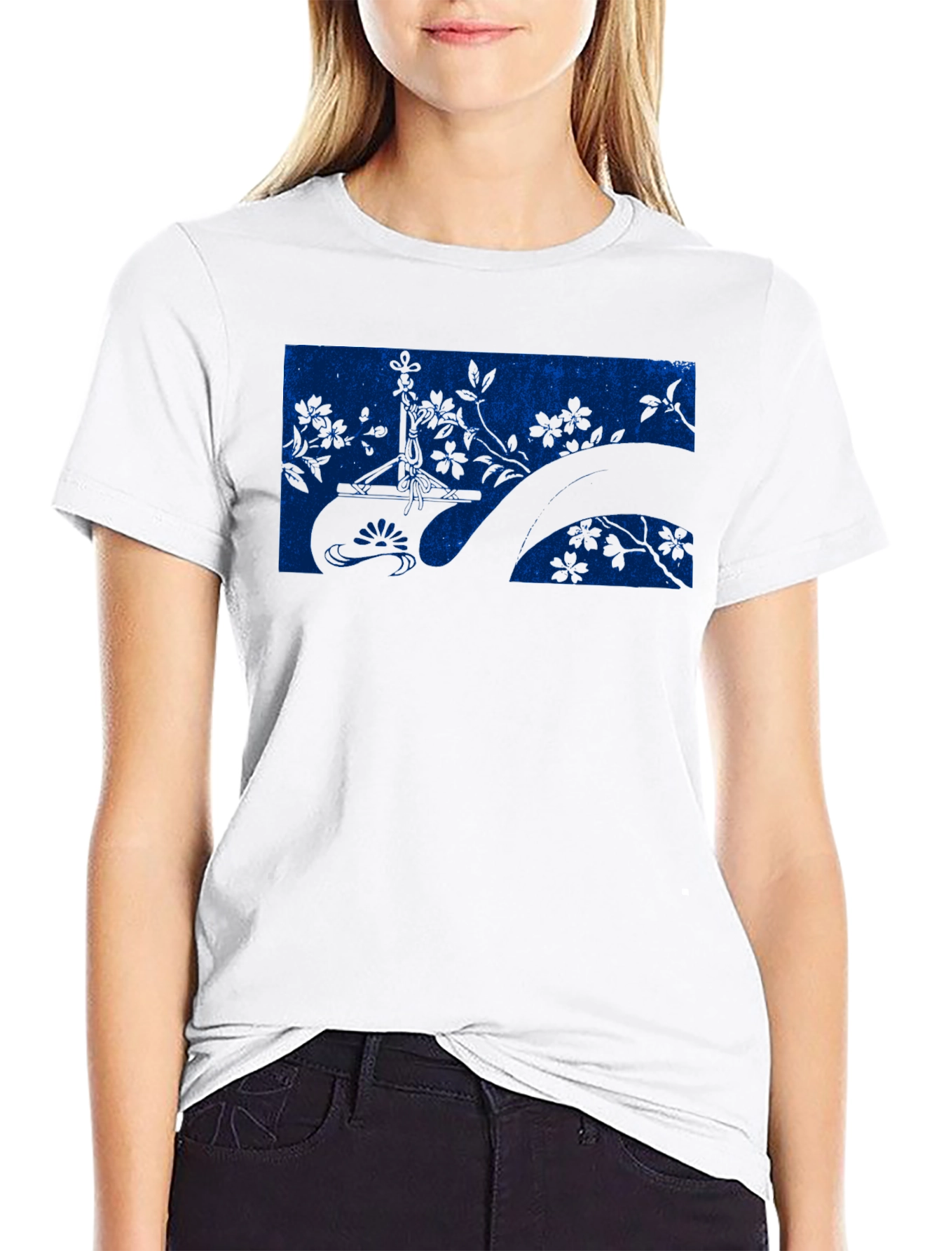 Blue Botanical Graphic Black T-Shirt