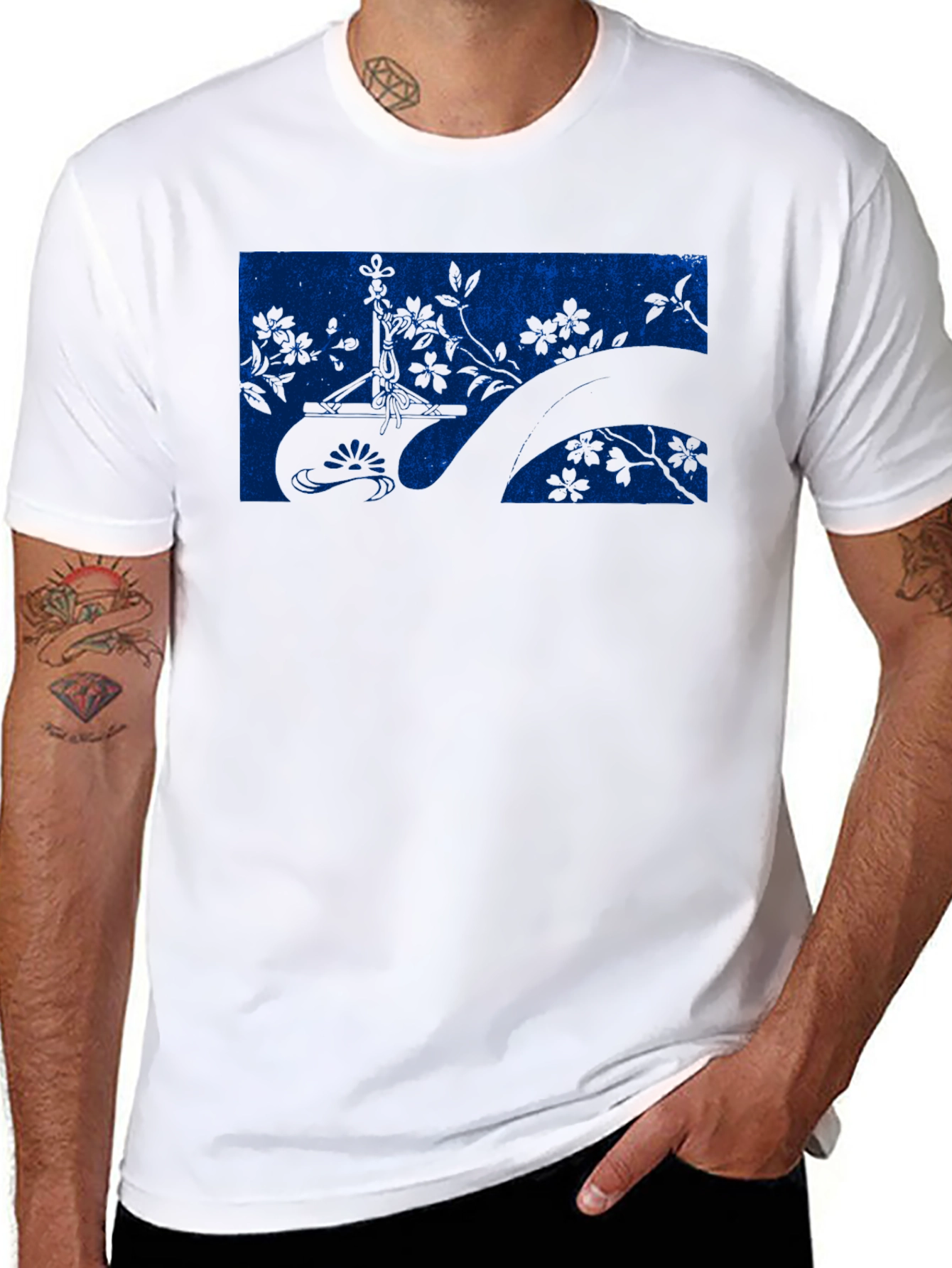 Blue Botanical Graphic Black T-Shirt