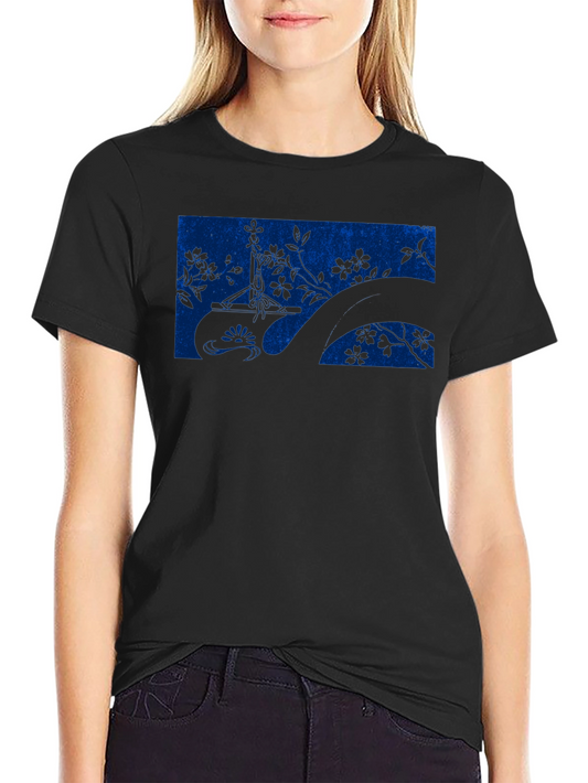 Blue Botanical Graphic Black T-Shirt