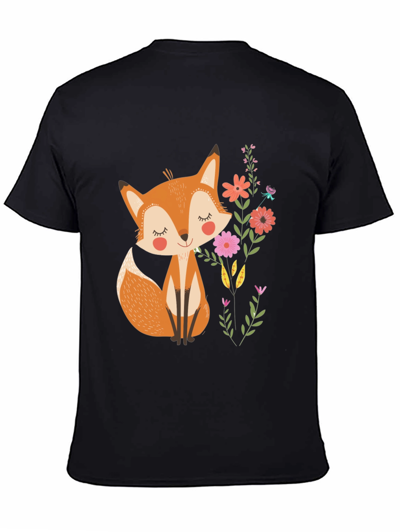 Cute Fox & Flowers Black T-Shirt