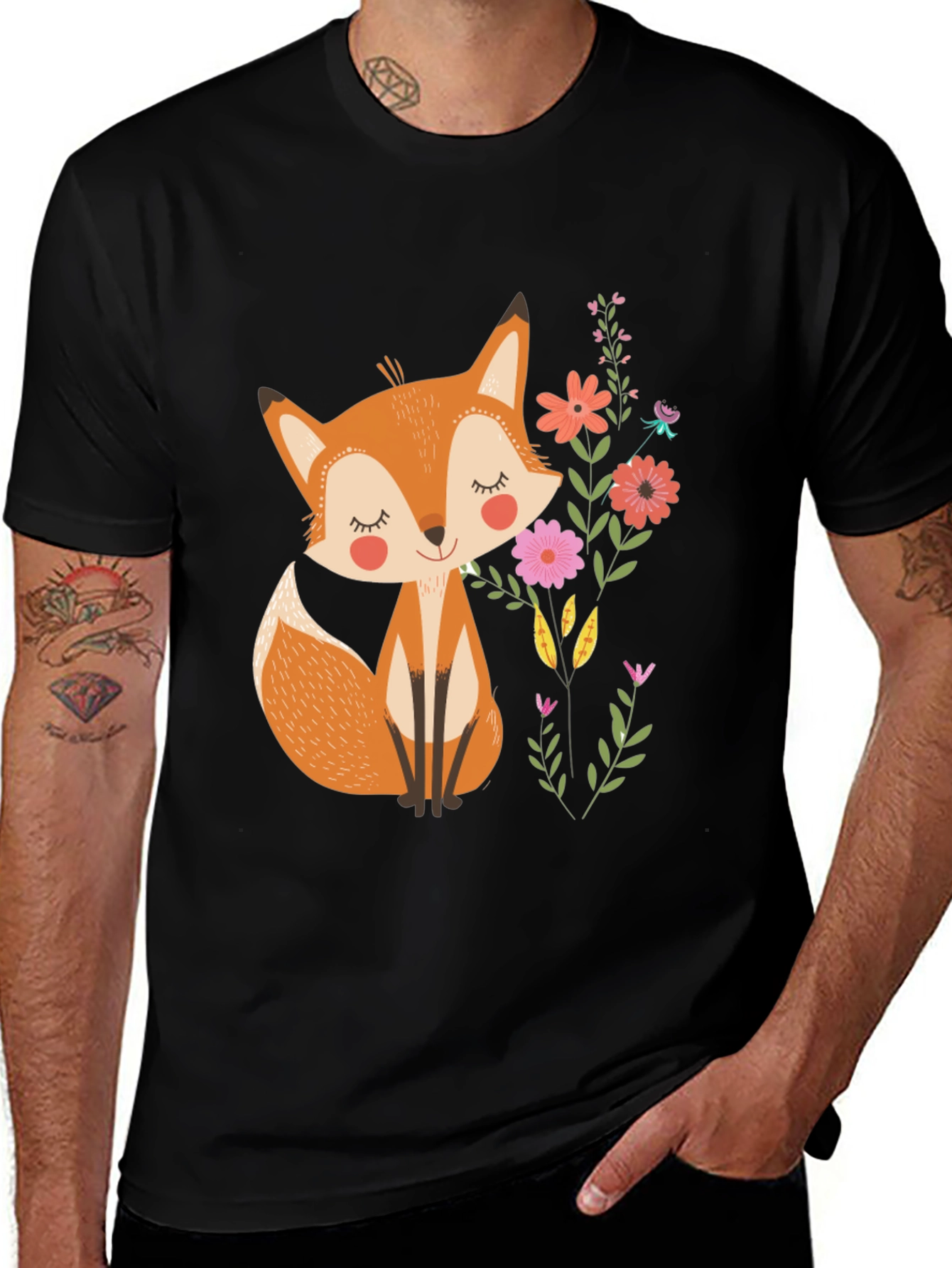 Cute Fox & Flowers Black T-Shirt