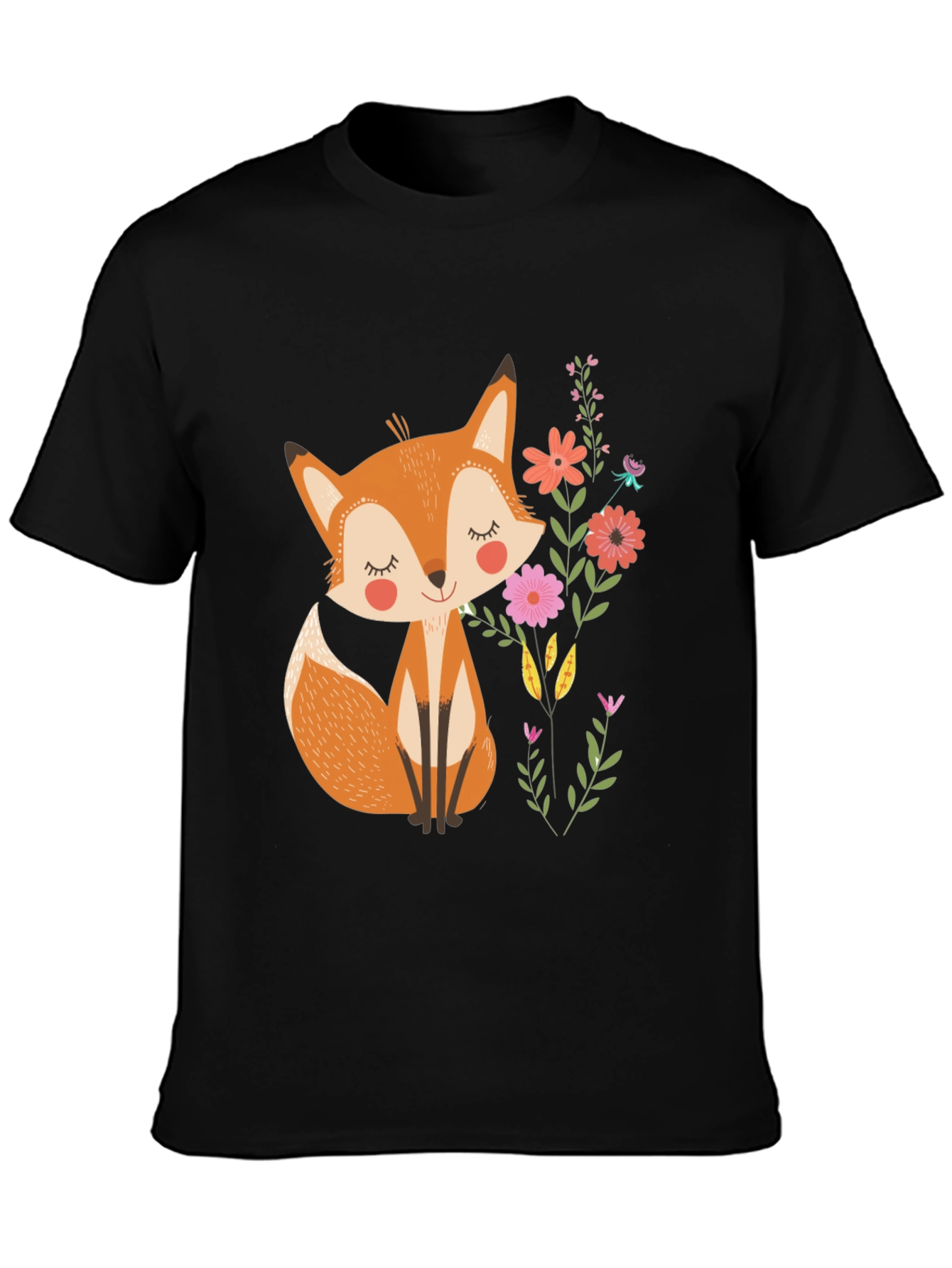 Cute Fox & Flowers Black T-Shirt