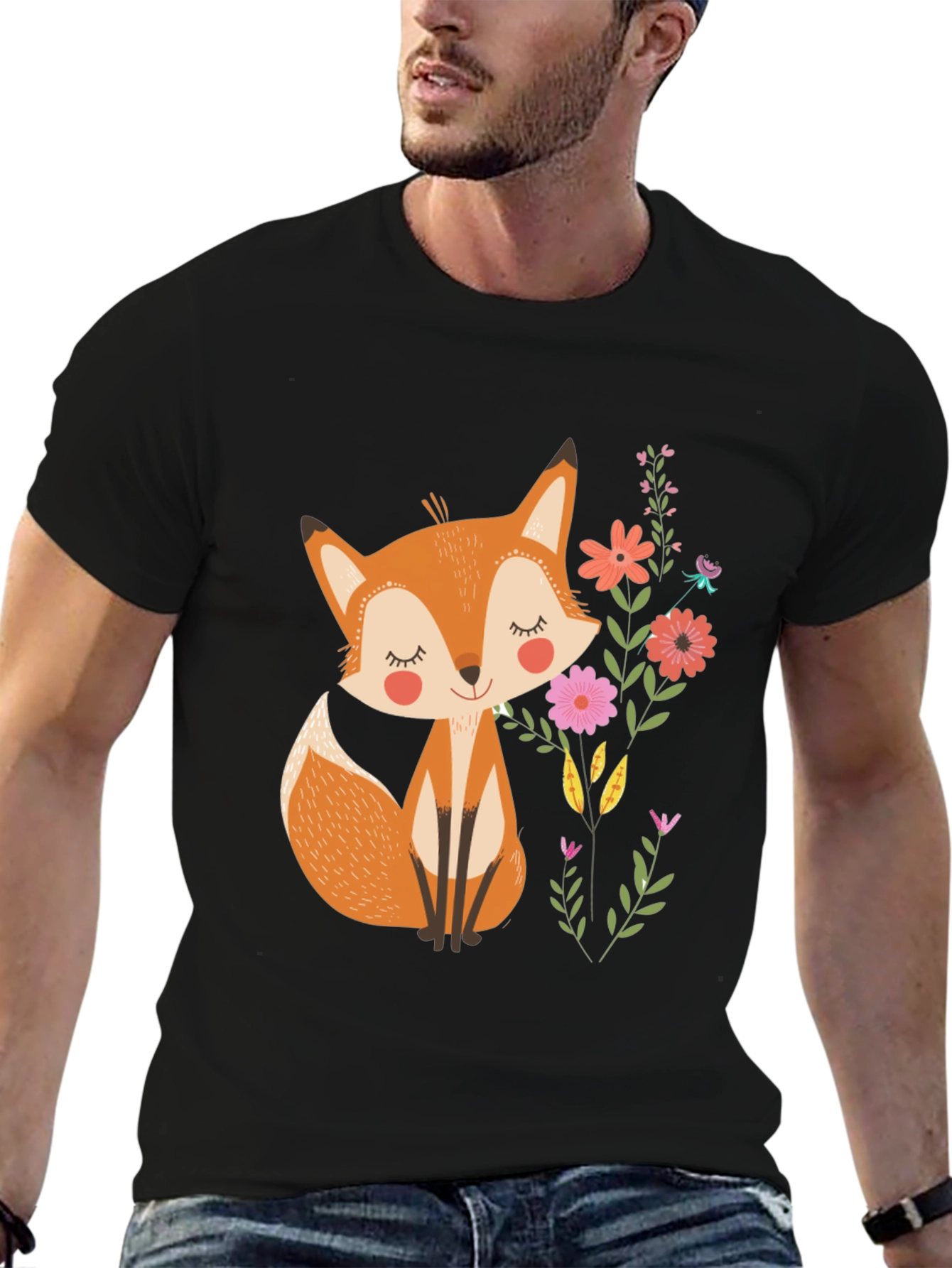 Cute Fox & Flowers Black T-Shirt