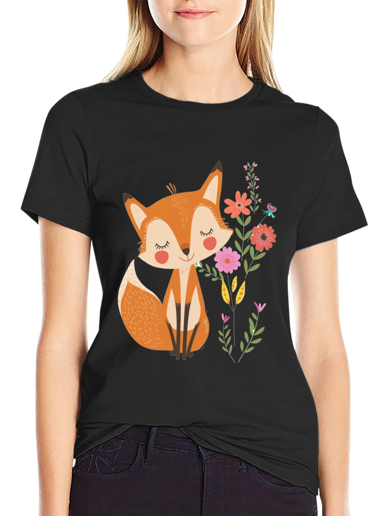 Cute Fox & Flowers Black T-Shirt