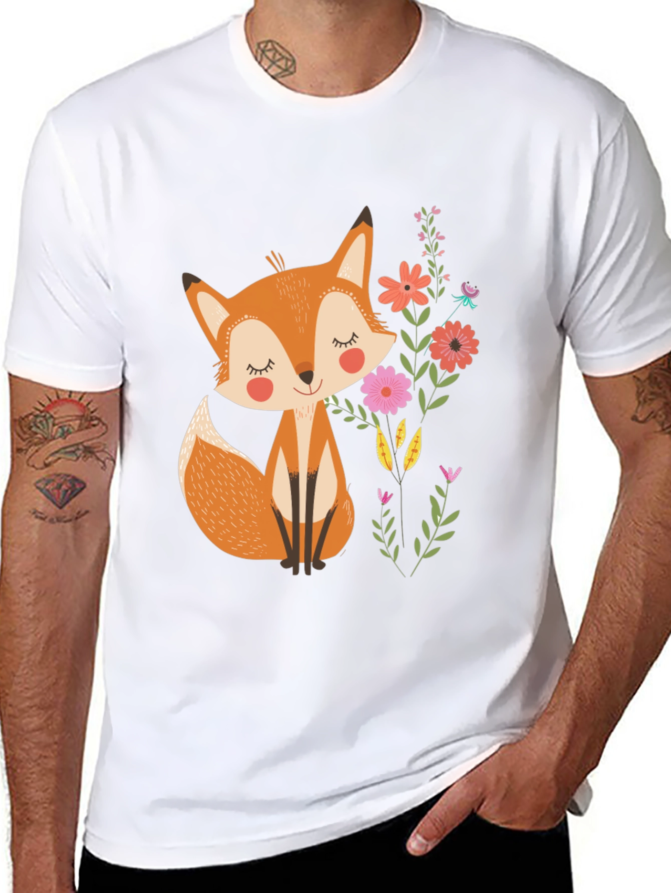 Cute Fox & Flowers Black T-Shirt