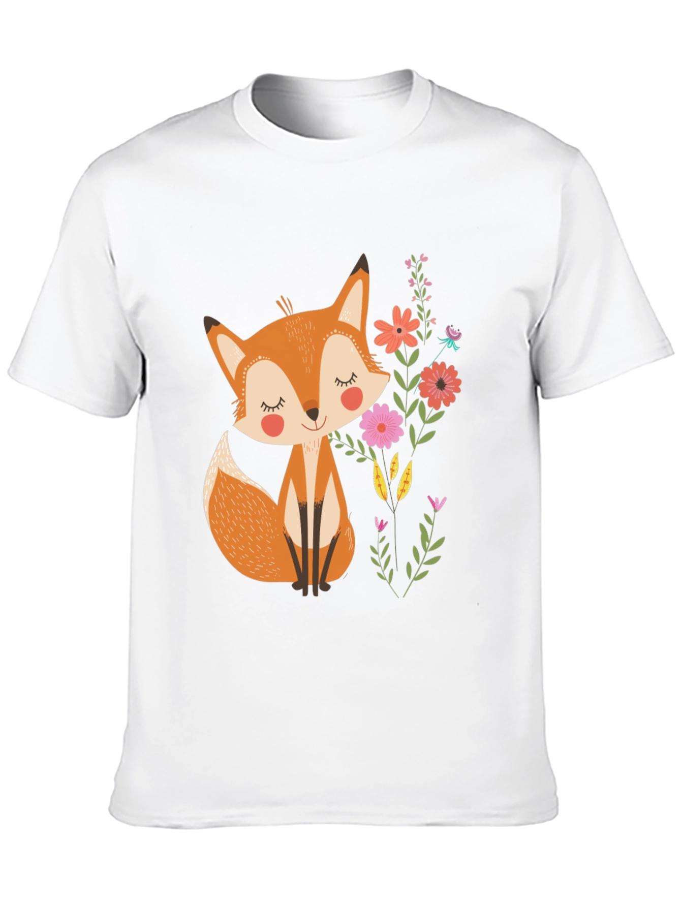 Cute Fox & Flowers Black T-Shirt
