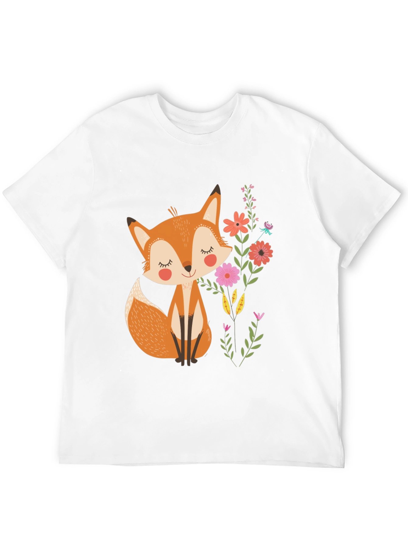 Cute Fox & Flowers Black T-Shirt