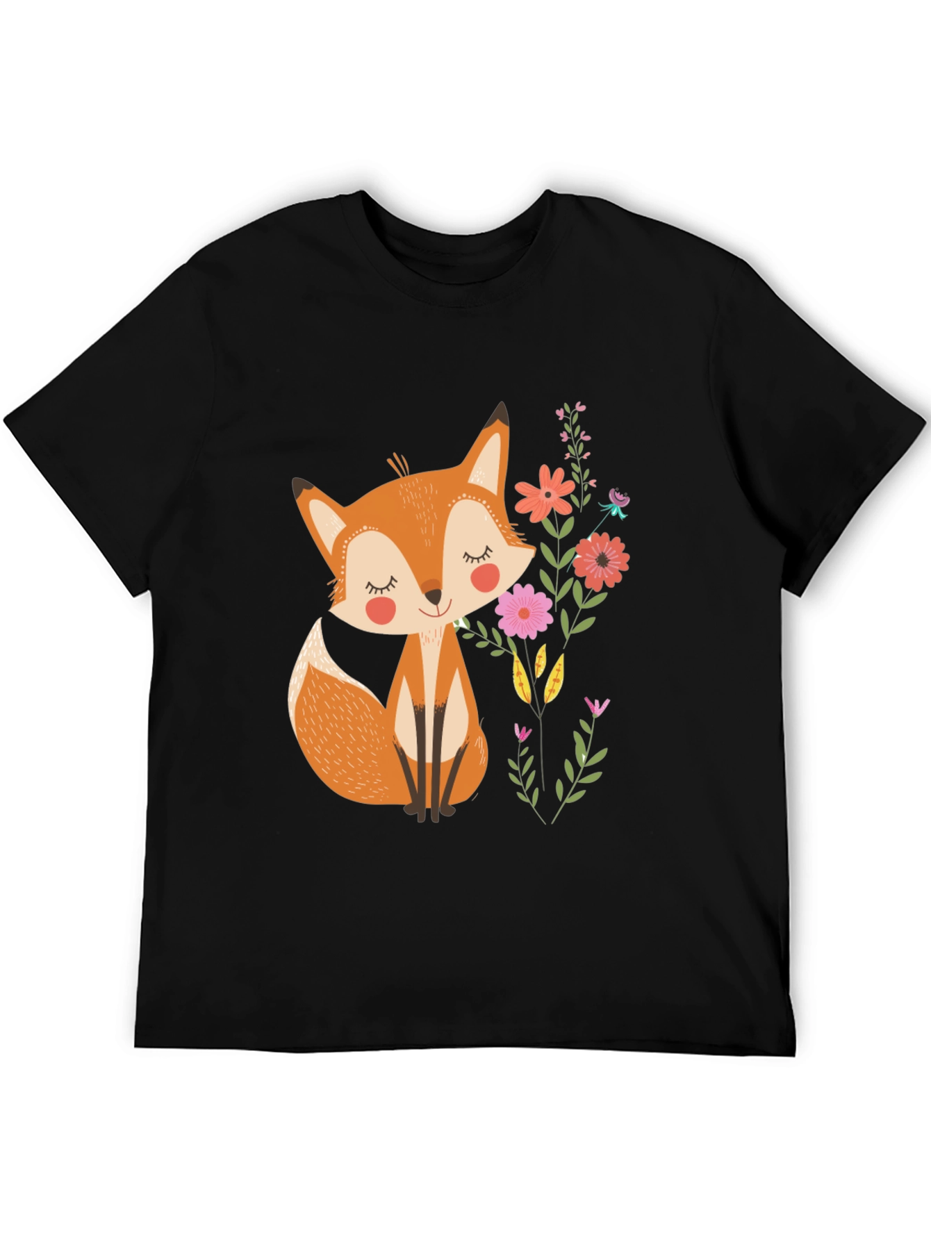 Cute Fox & Flowers Black T-Shirt