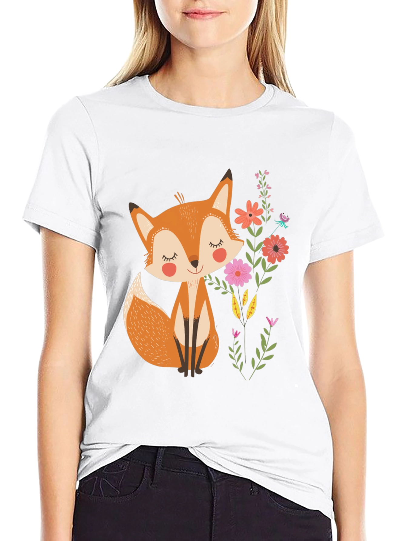 Cute Fox & Flowers Black T-Shirt