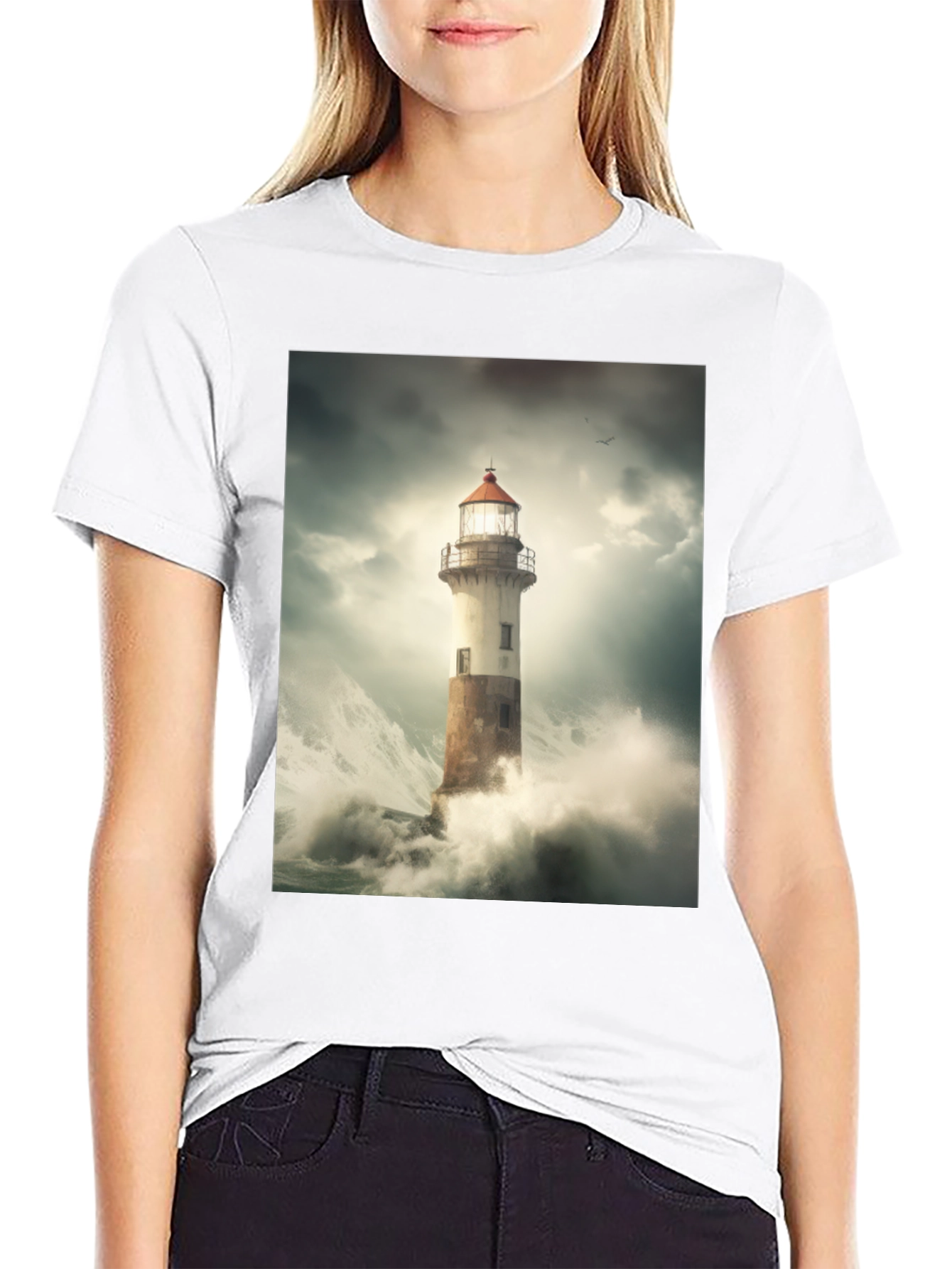 Lighthouse Storm Graphic Tee - Black Cotton T-Shirt