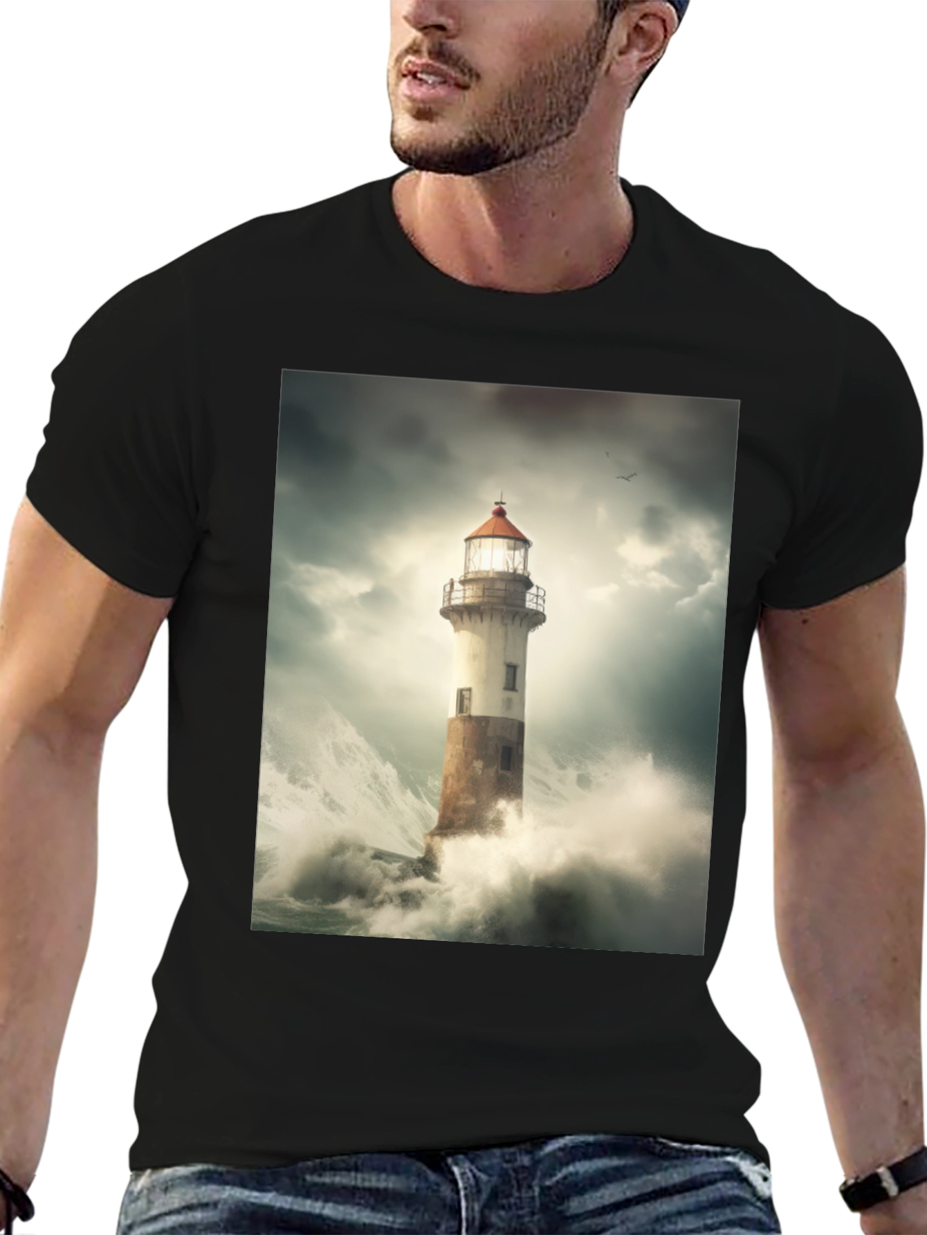 Lighthouse Storm Graphic Tee - Black Cotton T-Shirt