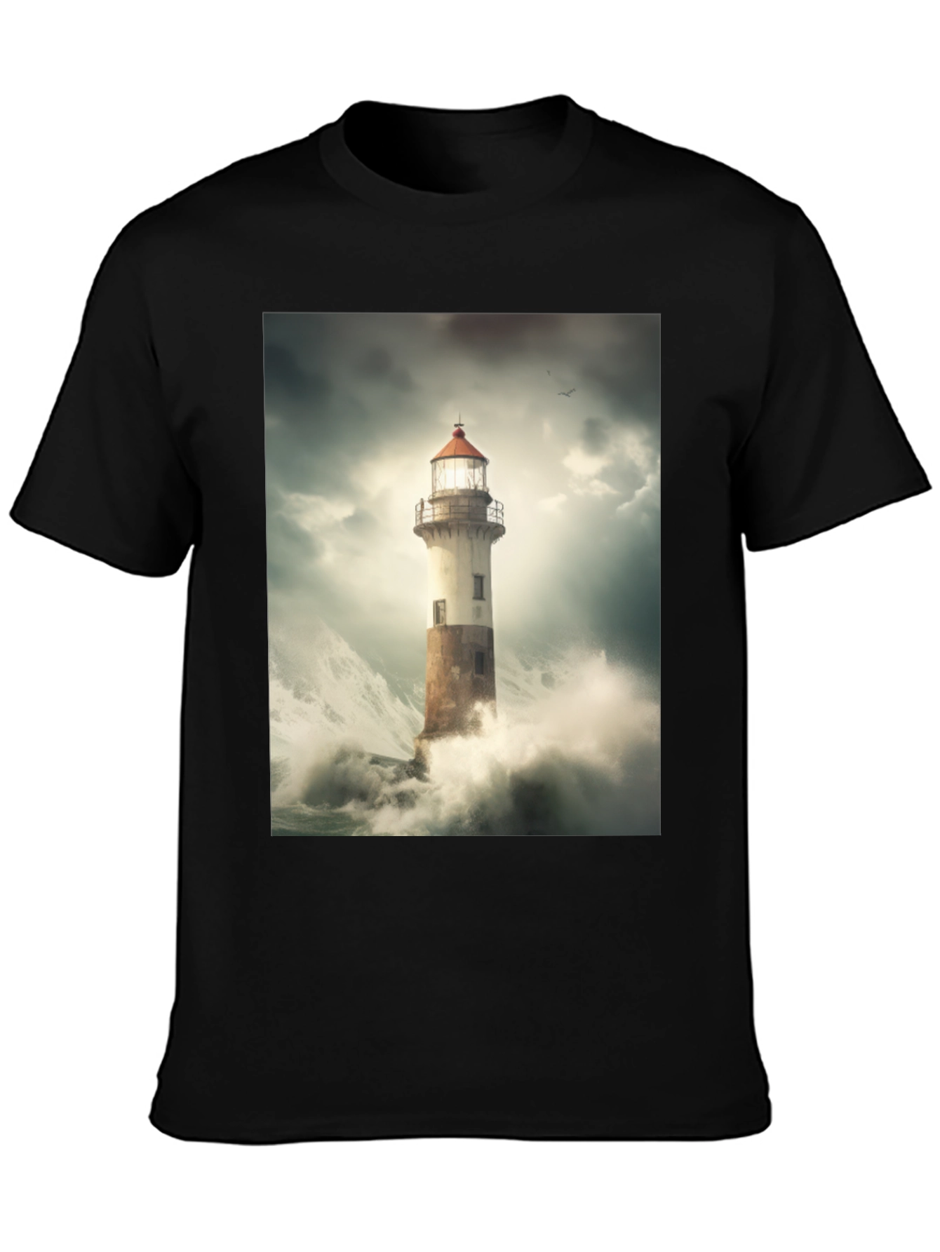 Lighthouse Storm Graphic Tee - Black Cotton T-Shirt