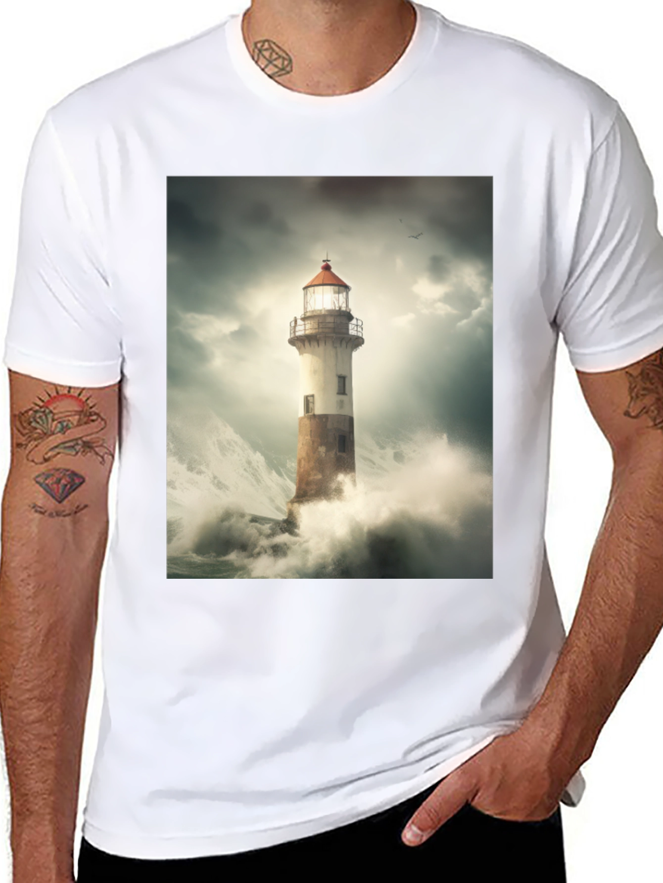 Lighthouse Storm Graphic Tee - Black Cotton T-Shirt