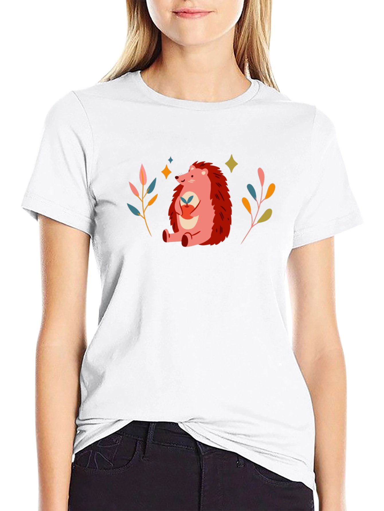 Cute Hedgehog Graphic Print Black T-Shirt