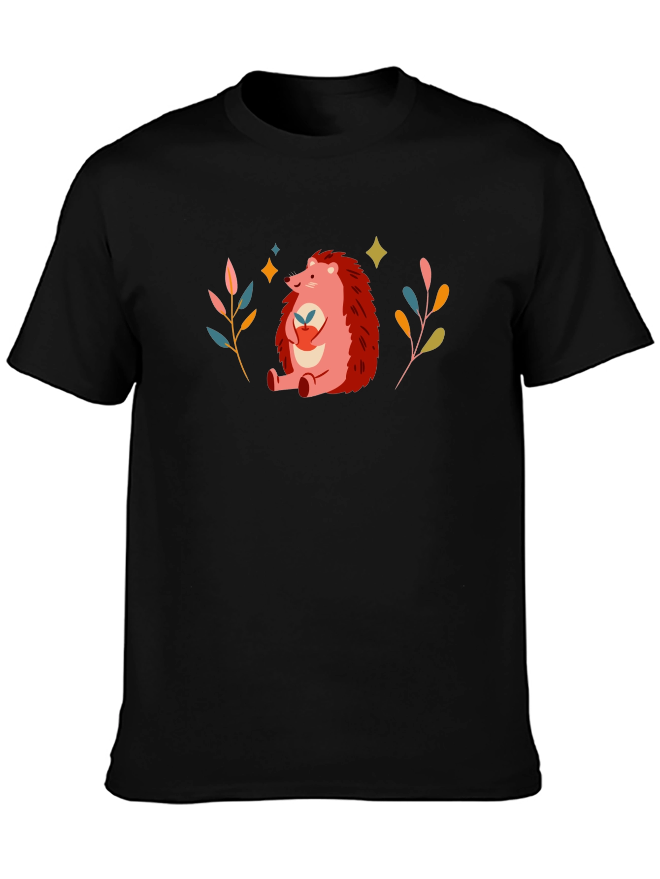 Cute Hedgehog Graphic Print Black T-Shirt