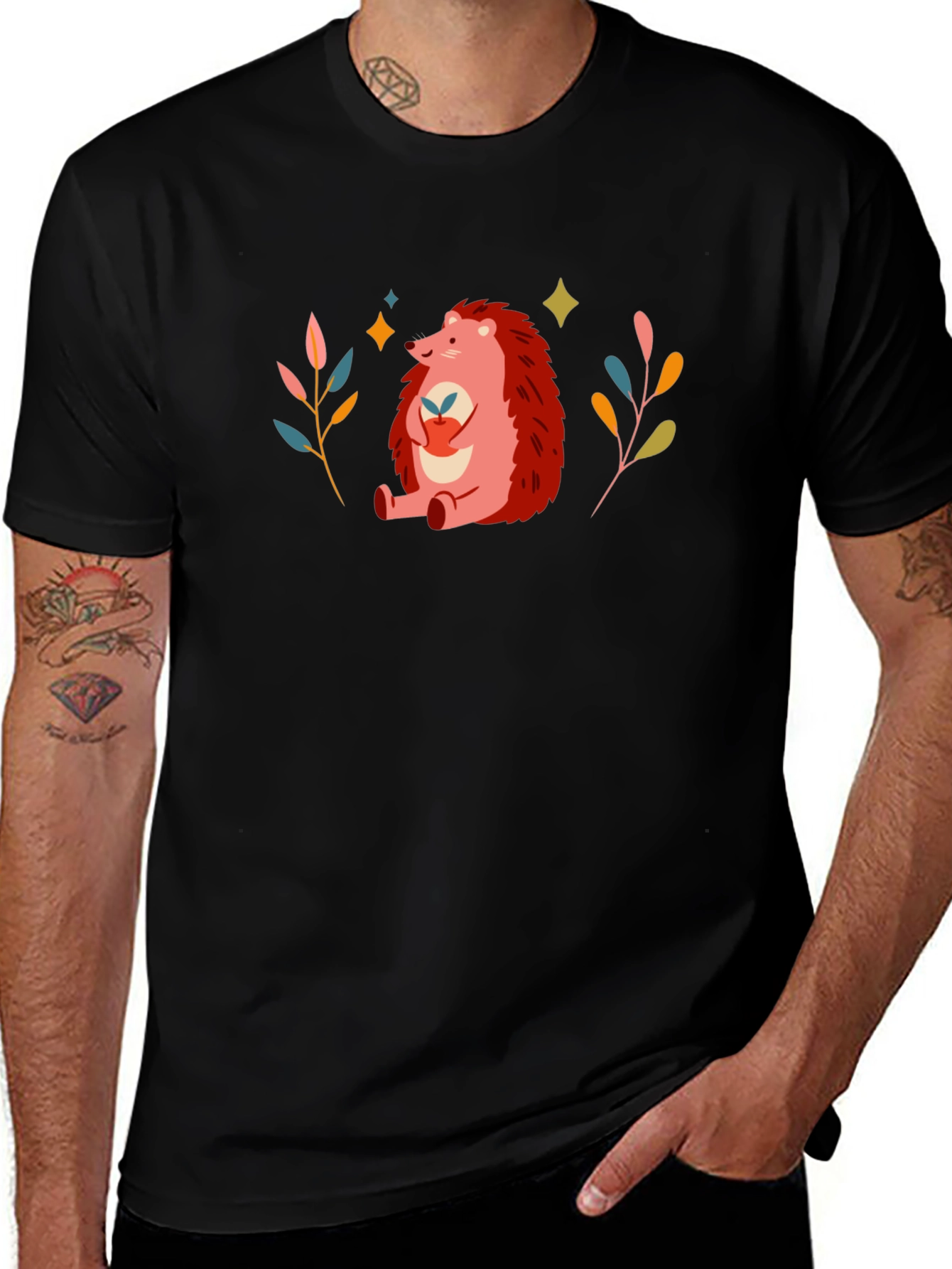 Cute Hedgehog Graphic Print Black T-Shirt