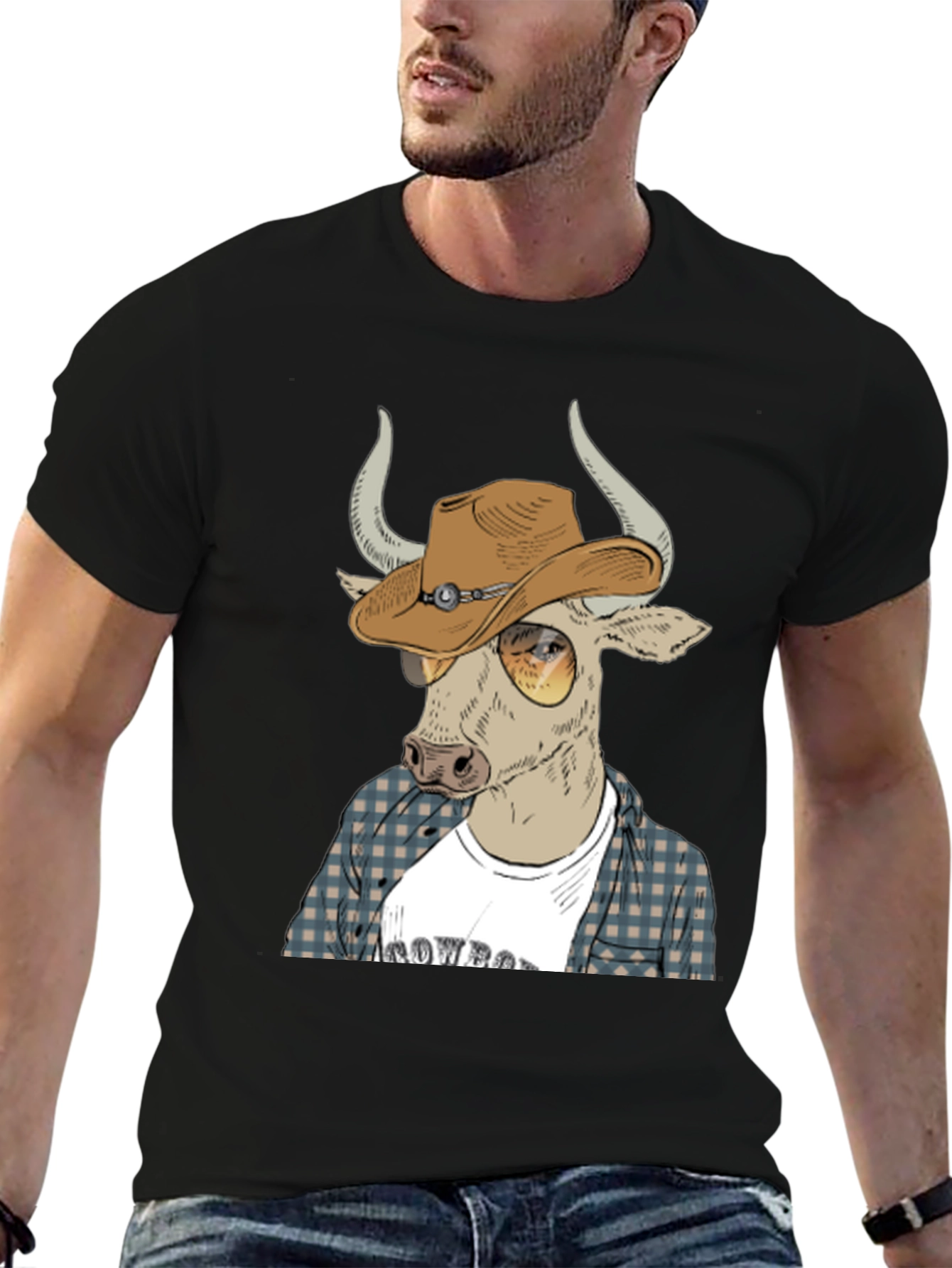 Cowboy Bull Graphic Tee - Black Crew Neck T-Shirt