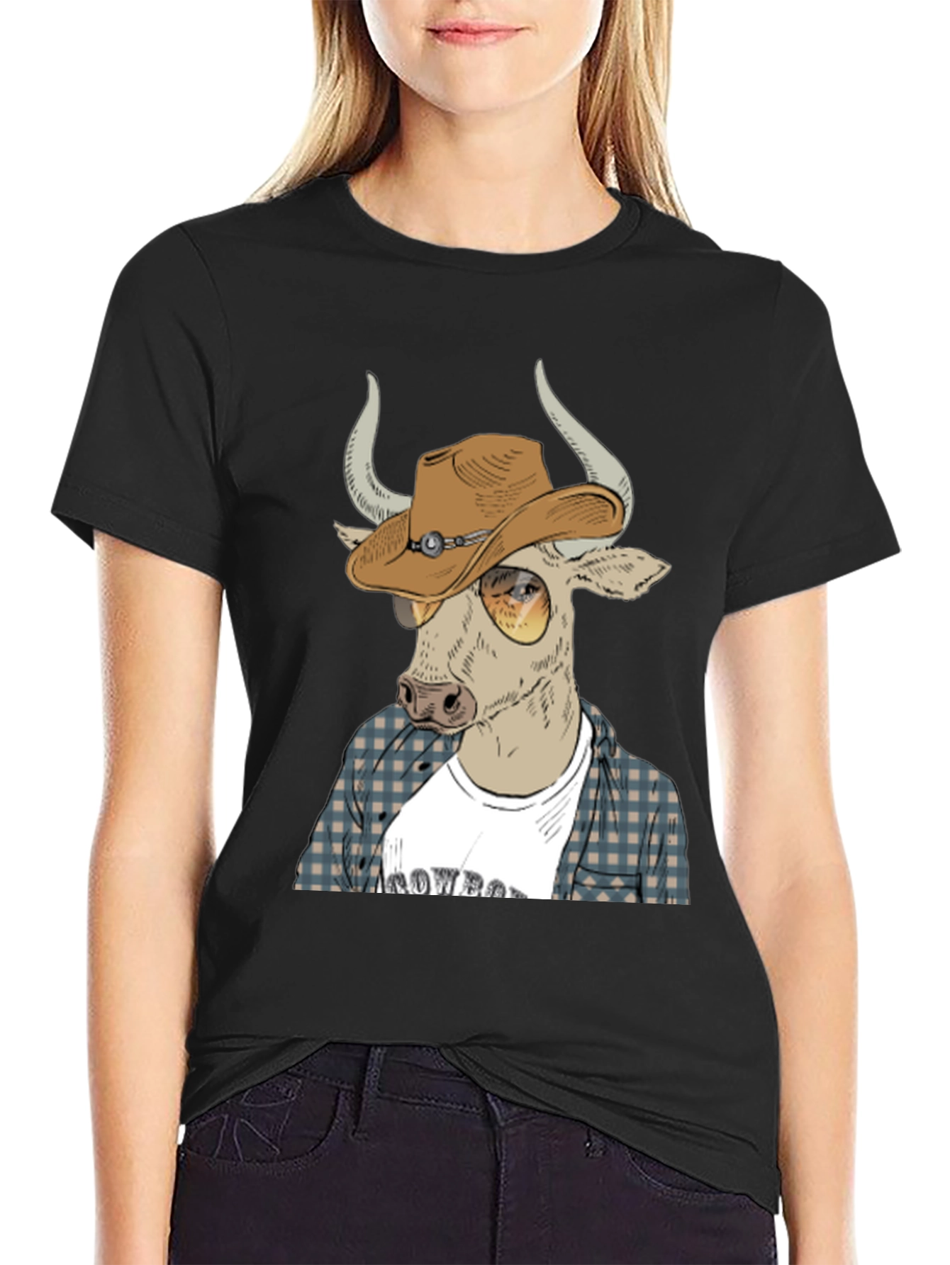 Cowboy Bull Graphic Tee - Black Crew Neck T-Shirt