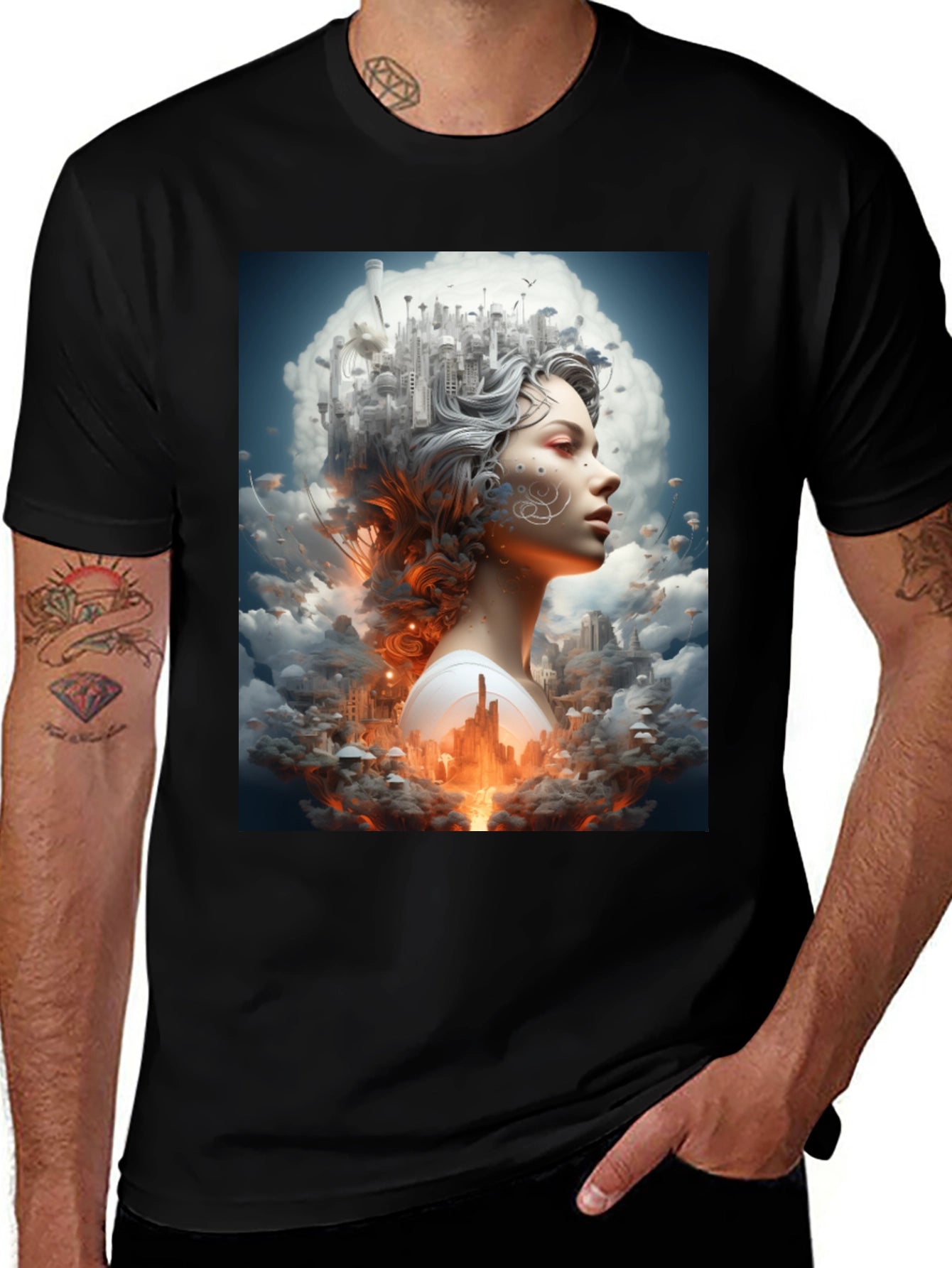 Artistic Cityscape Woman Black T-Shirt