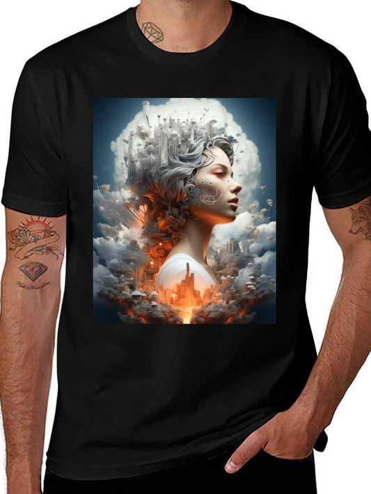 Artistic Cityscape Woman Black T-Shirt