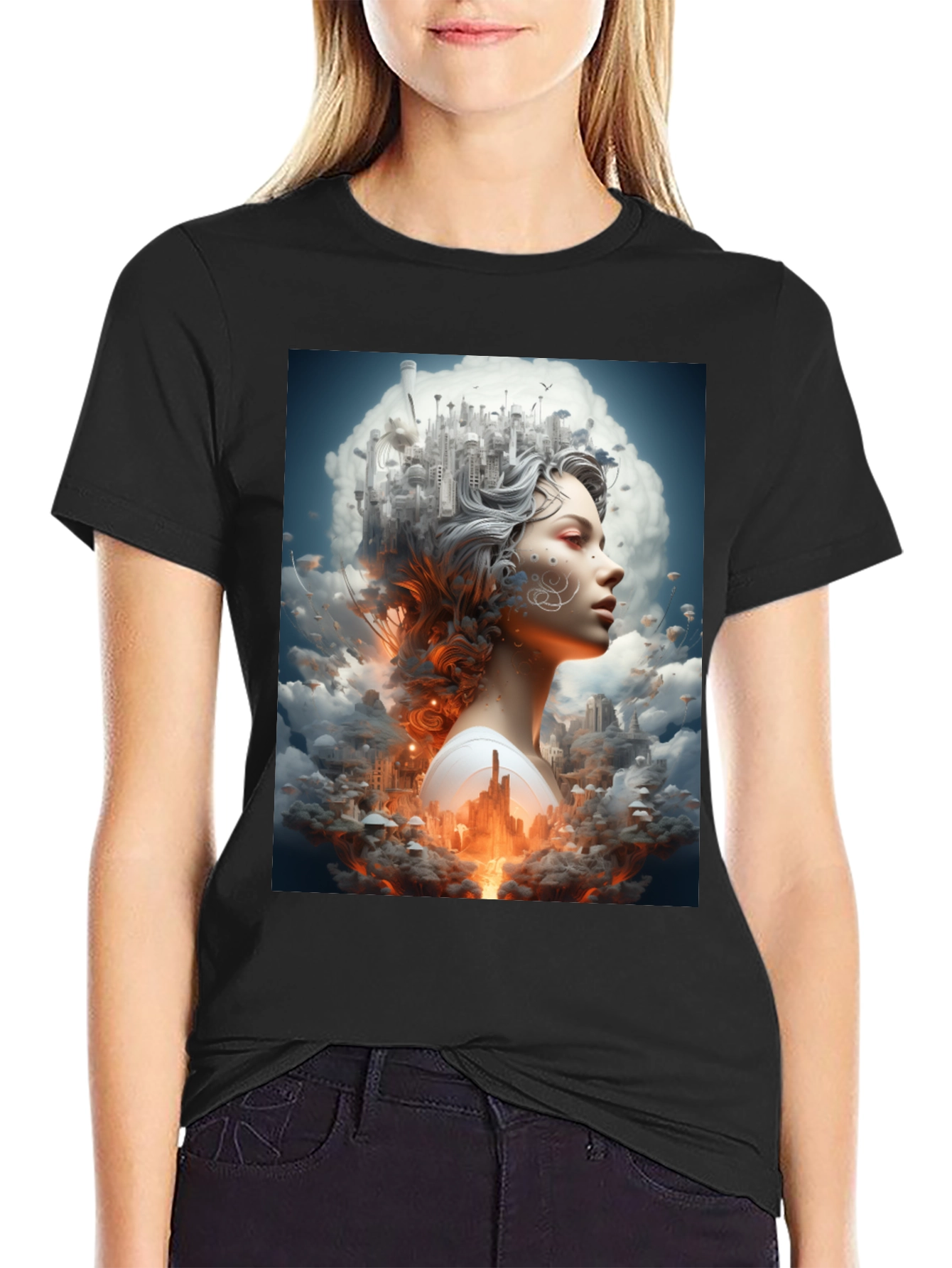 Artistic Cityscape Woman Black T-Shirt