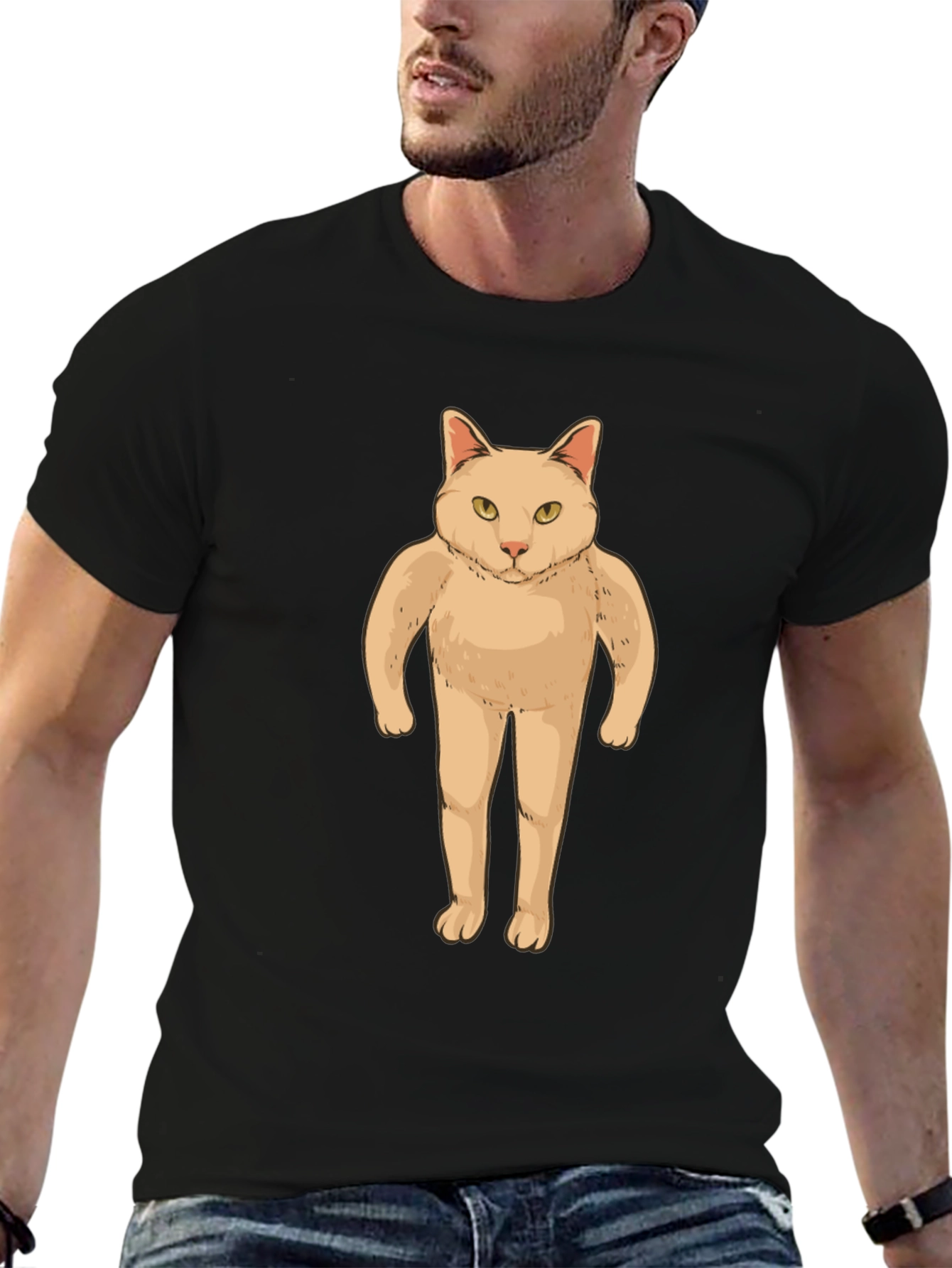 Funny Cat Man T-Shirt - Black Graphic Tee