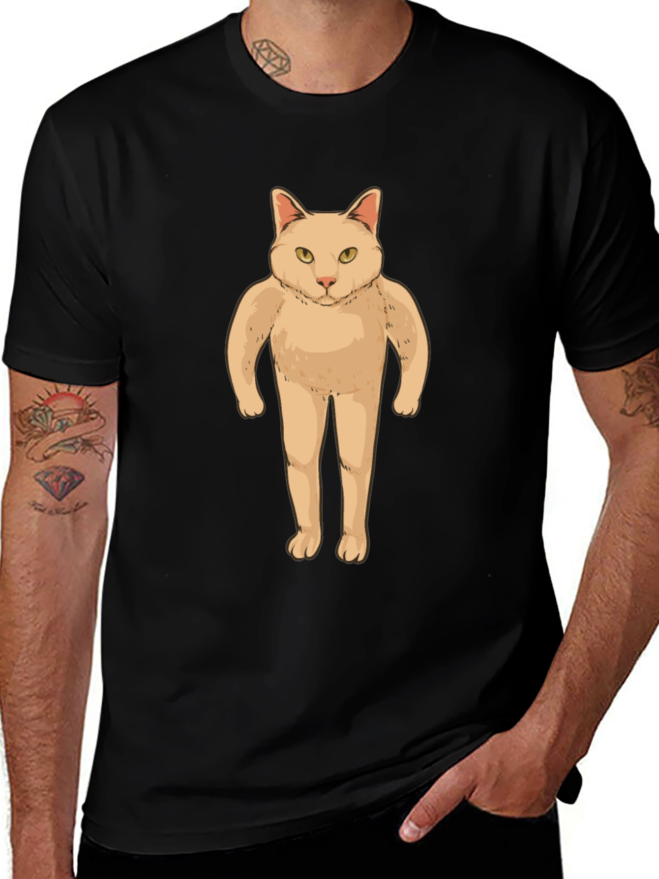 Funny Cat Man T-Shirt - Black Graphic Tee