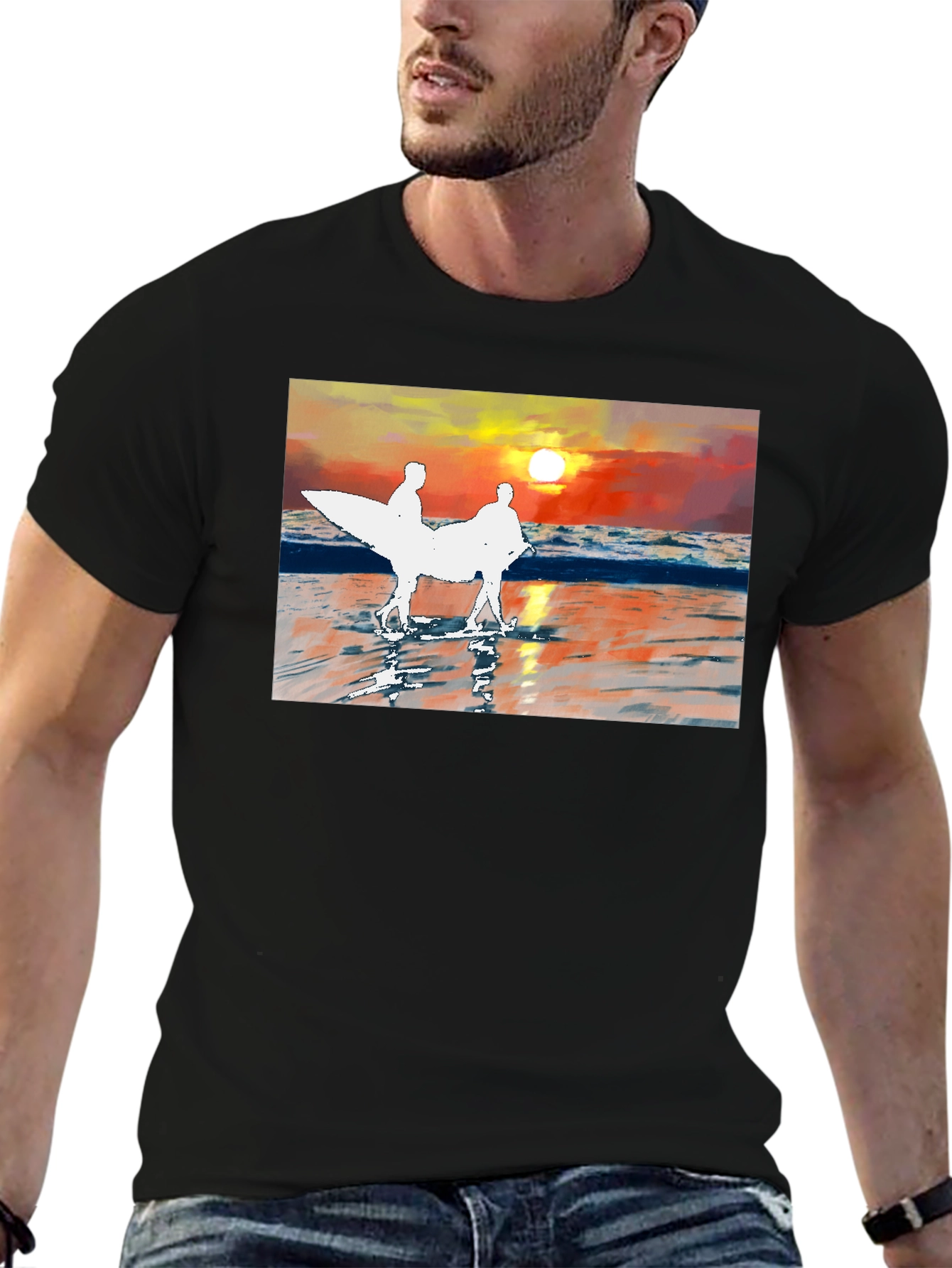 Sunset Surfer Graphic Tee - Black Cotton T-Shirt