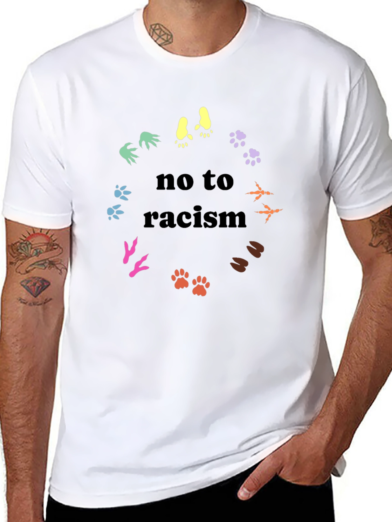No To Racism T-Shirt - Animal Paw Prints