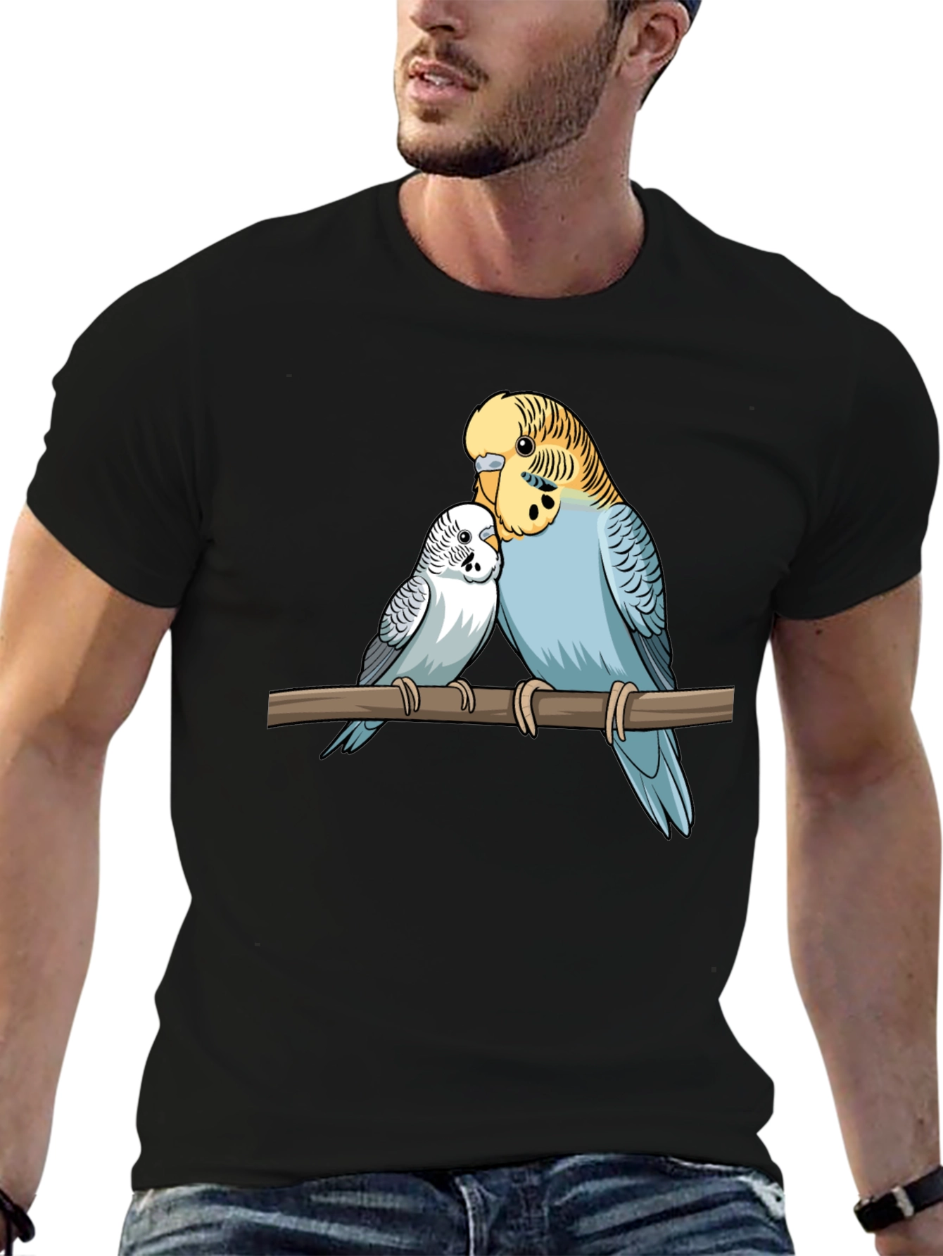 Budgie Birds Graphic Print Black T-Shirt