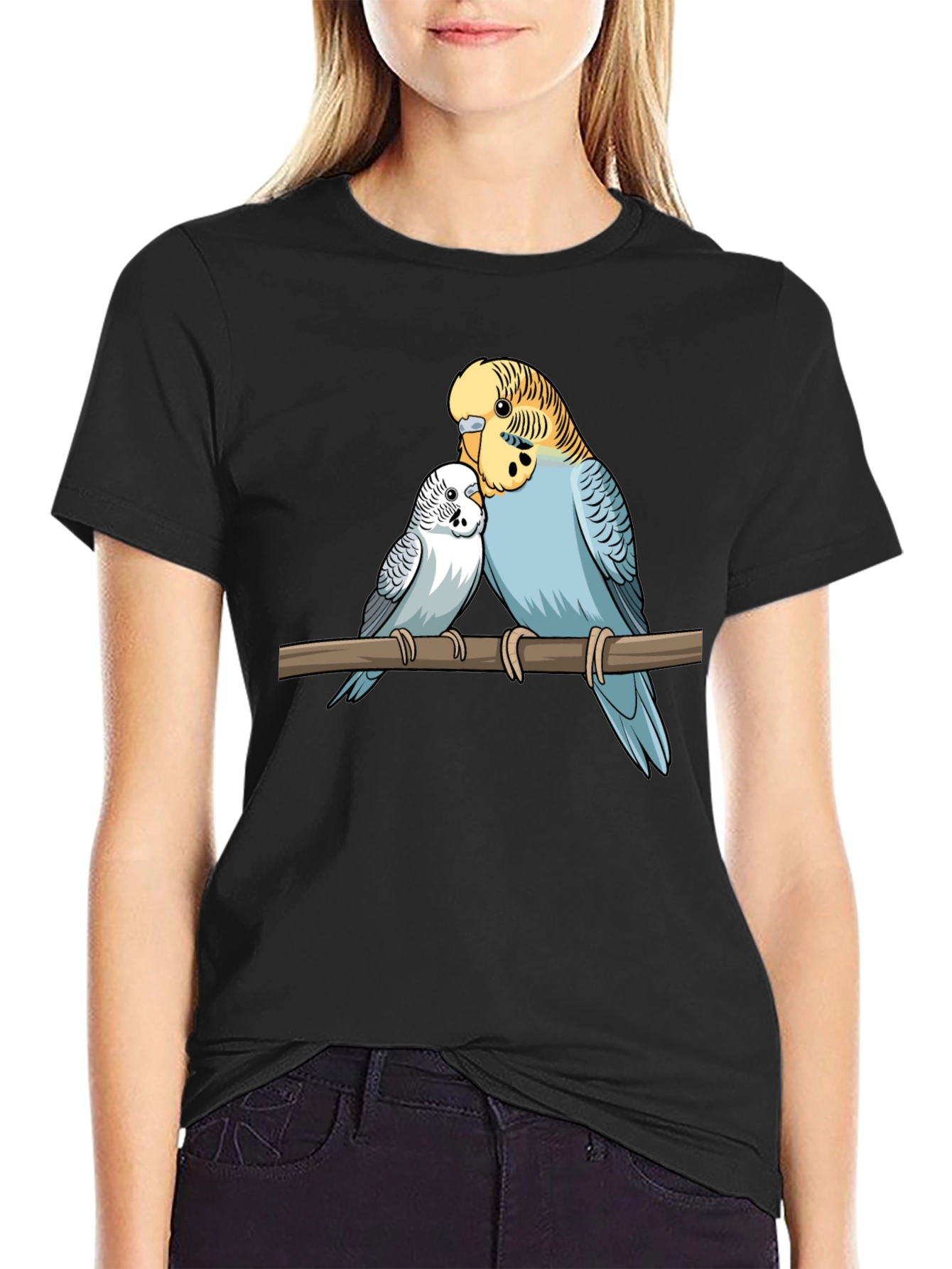 Budgie Birds Graphic Print Black T-Shirt
