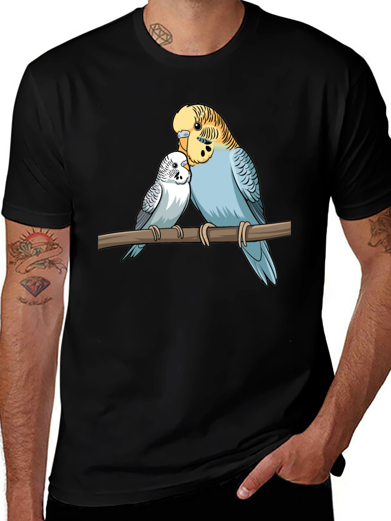 Budgie Birds Graphic Print Black T-Shirt