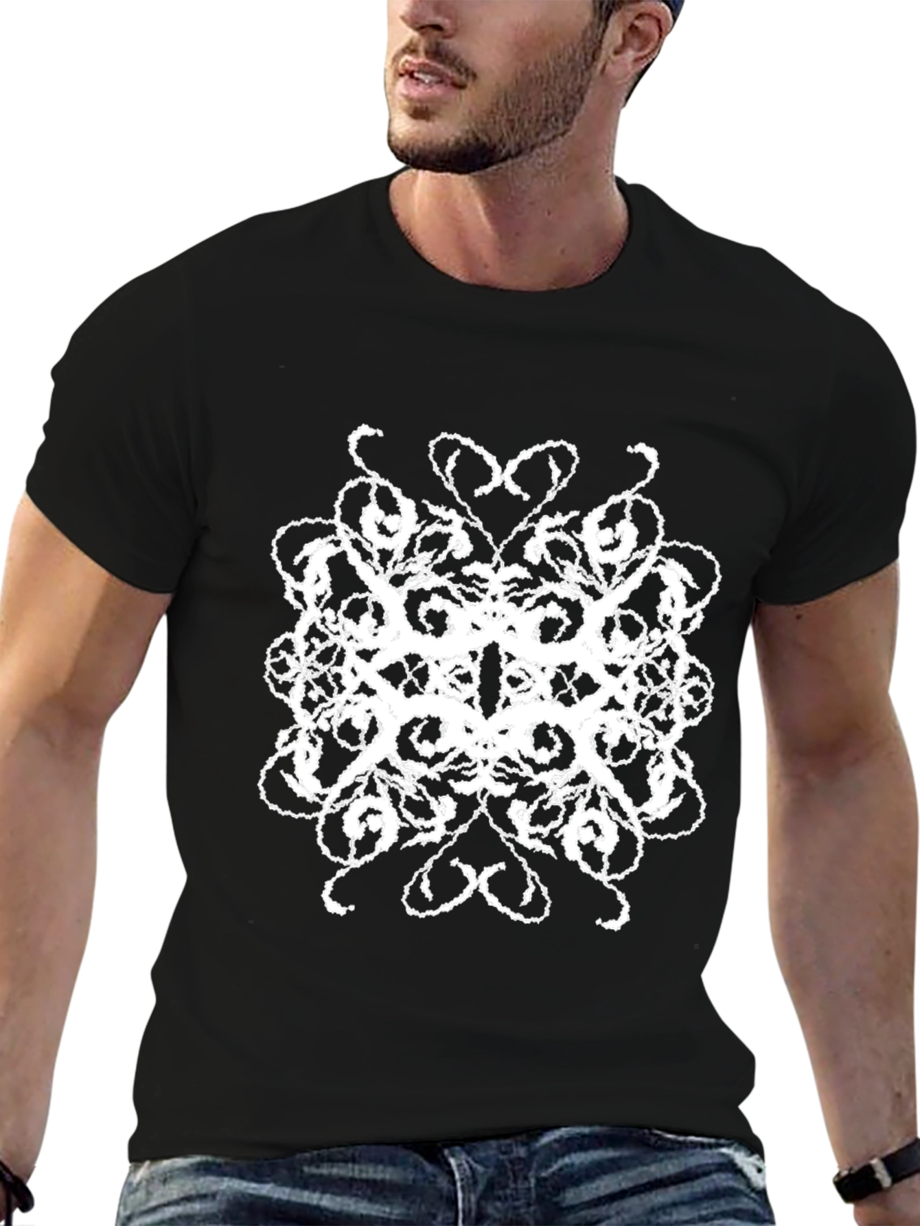 Abstract White Print Black T-Shirt