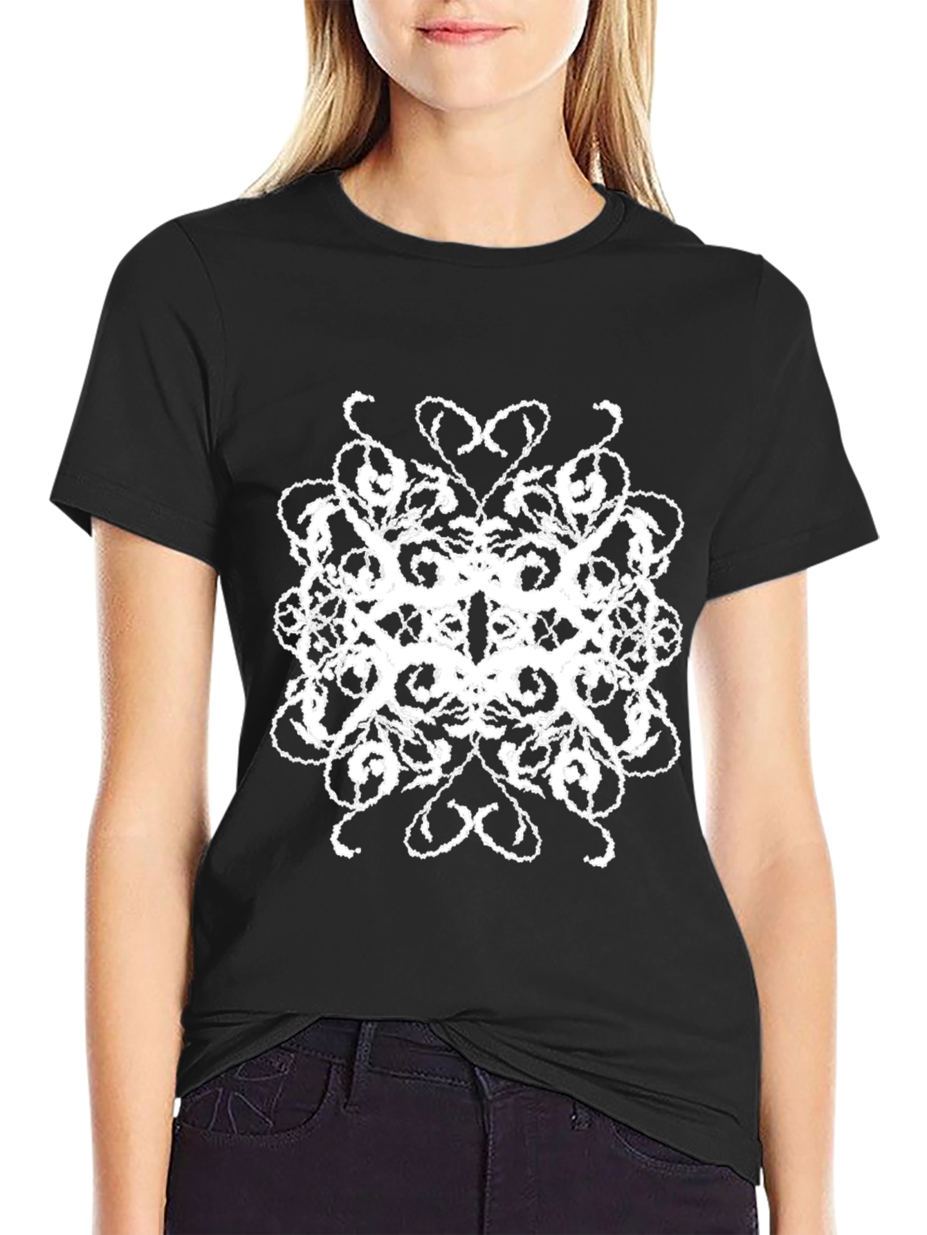 Abstract White Print Black T-Shirt