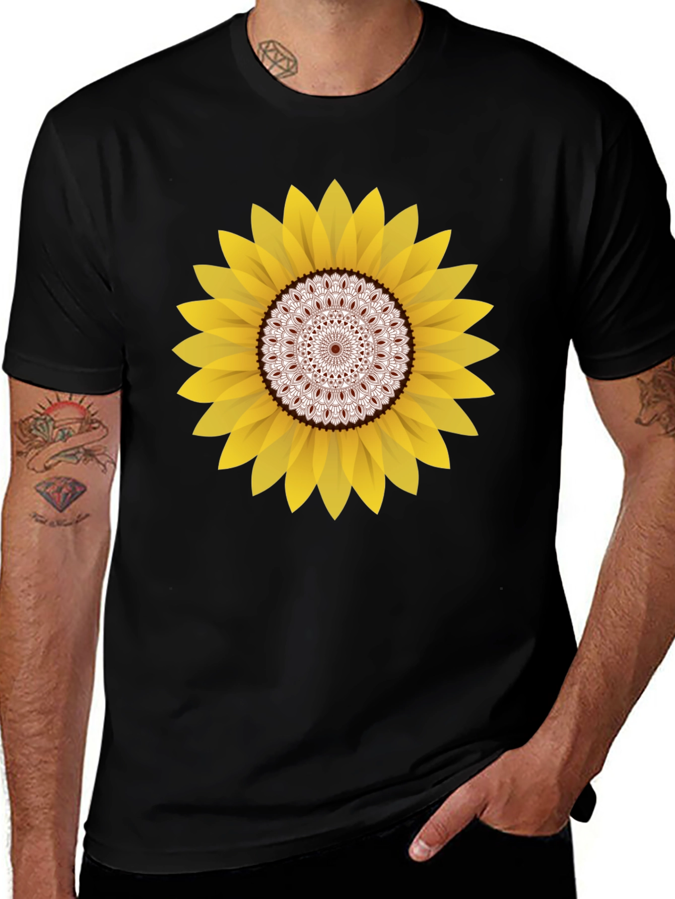 Sunflower Mandala Graphic Black T-Shirt