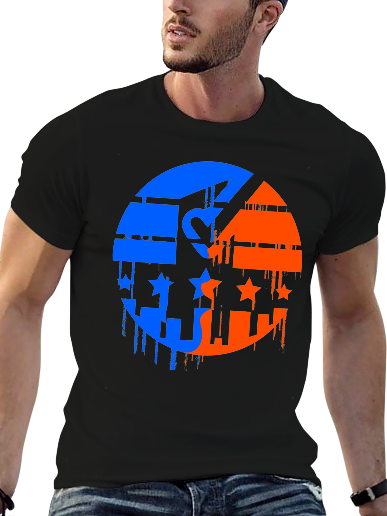 Yin Yang Stars Mens Black Graphic T-Shirt