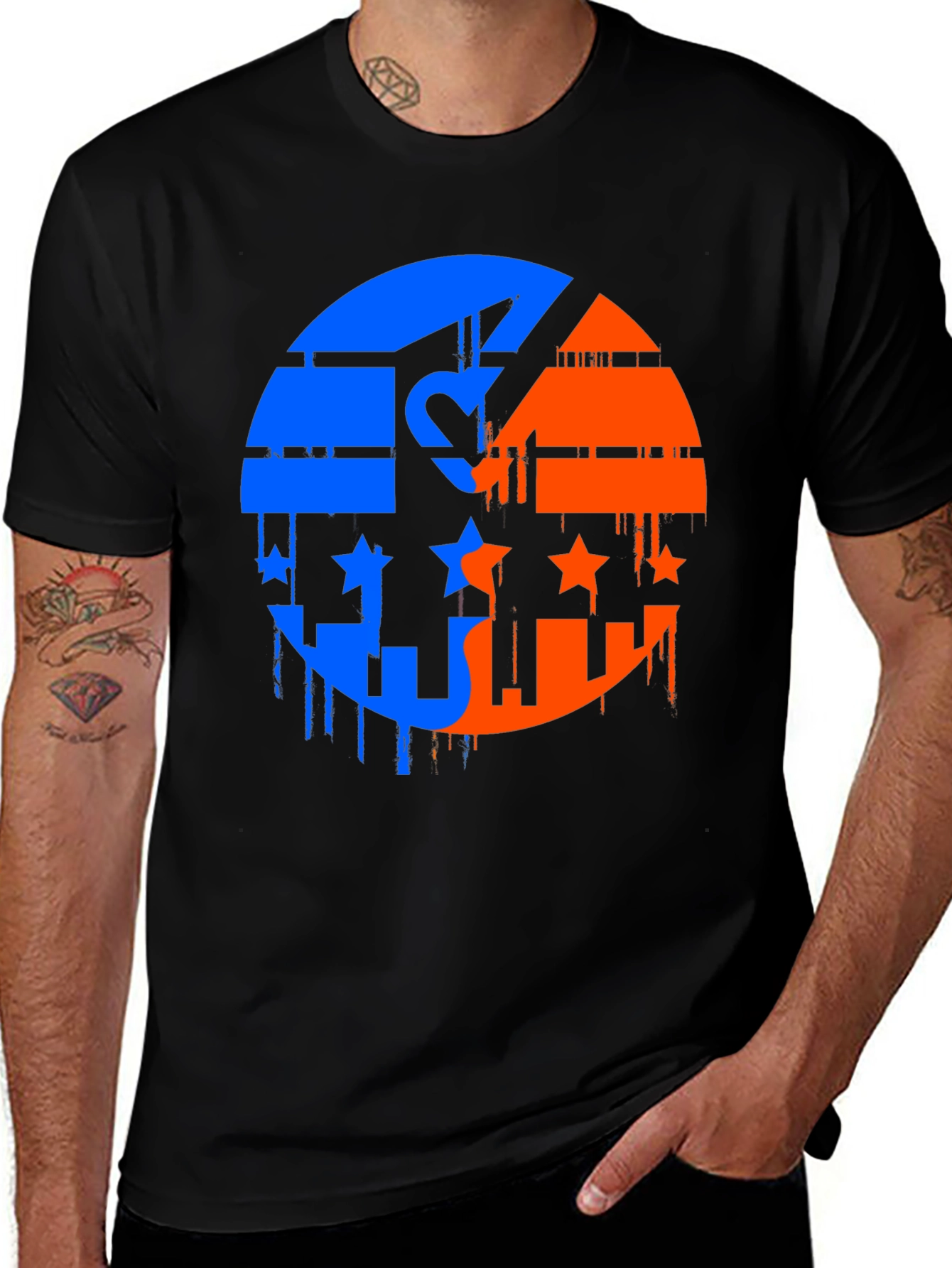 Yin Yang Stars Mens Black Graphic T-Shirt