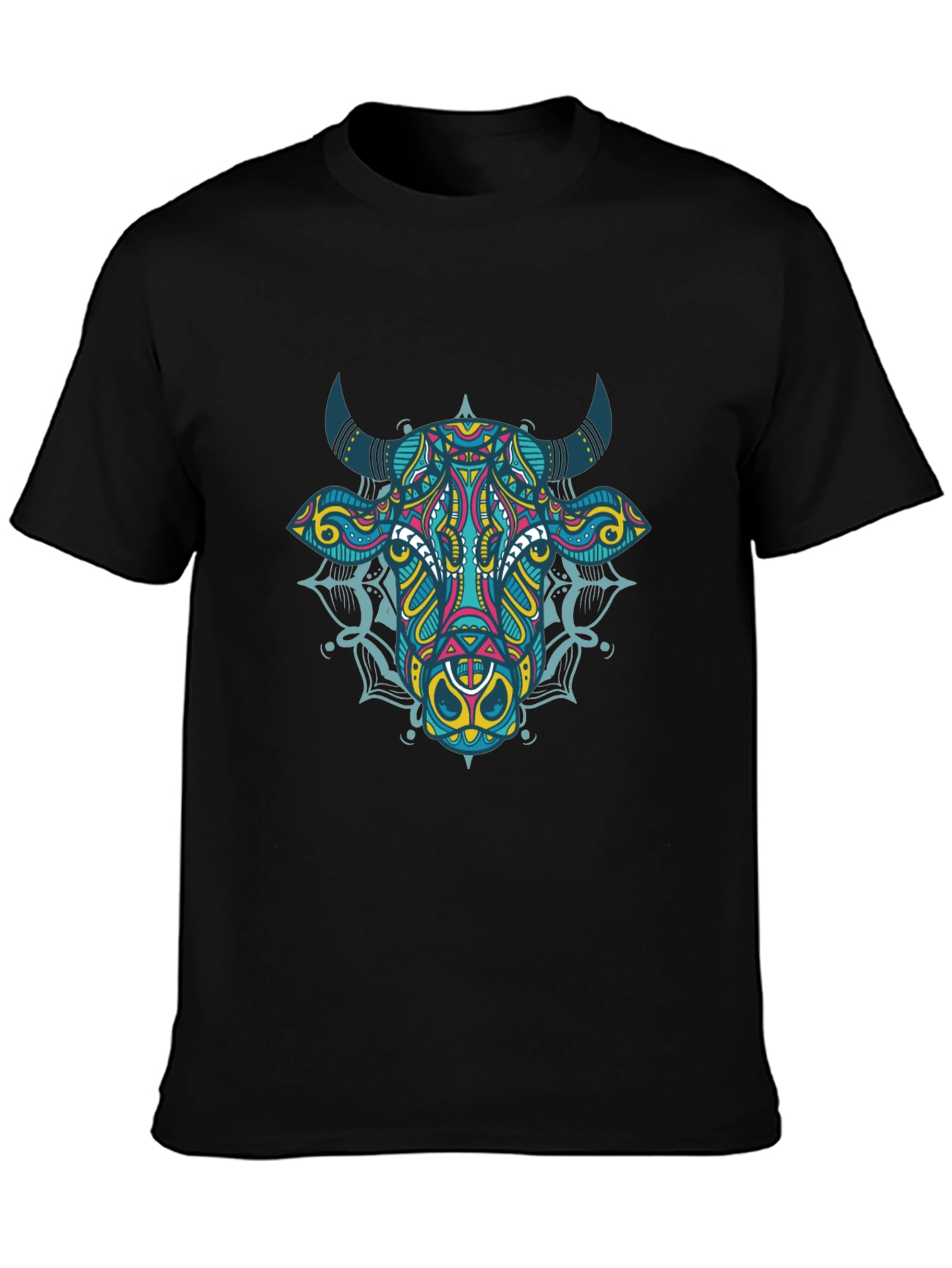 Psychedelic Bull Graphic Tee - Black Cotton T-Shirt