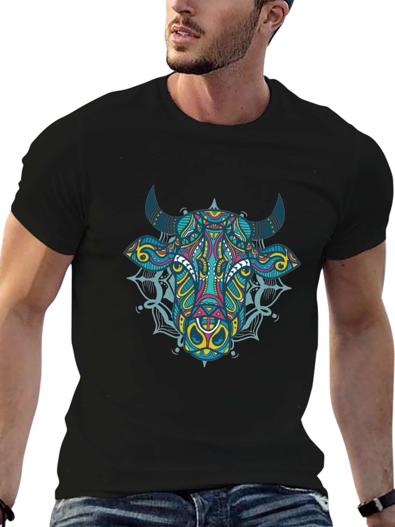 Psychedelic Bull Graphic Tee - Black Cotton T-Shirt