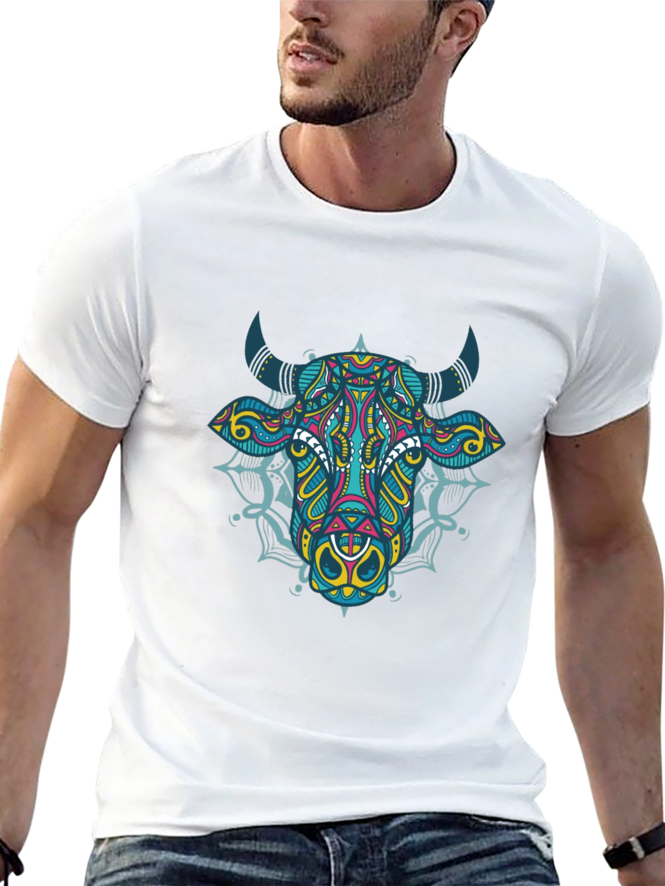 Psychedelic Bull Graphic Tee - Black Cotton T-Shirt