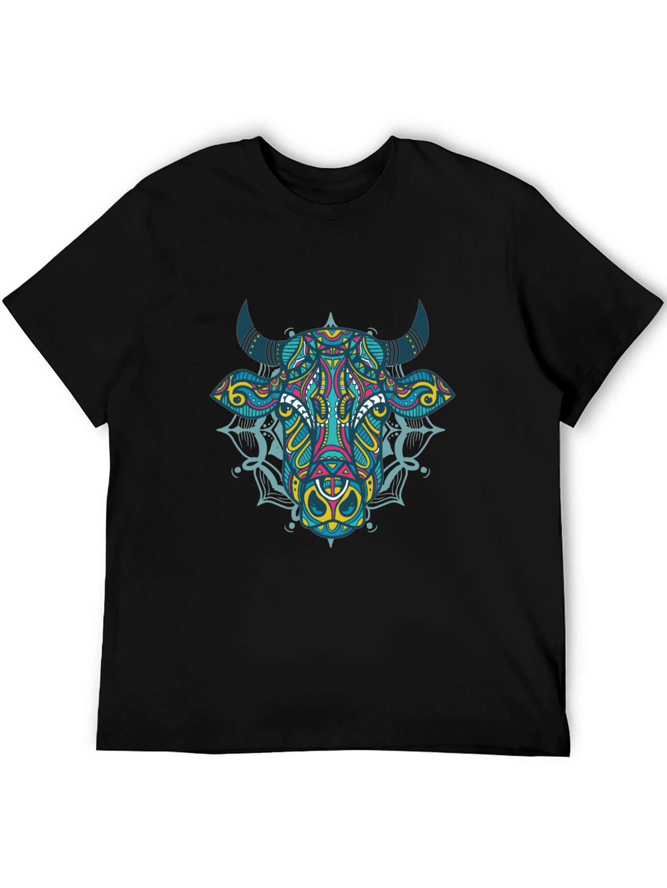 Psychedelic Bull Graphic Tee - Black Cotton T-Shirt