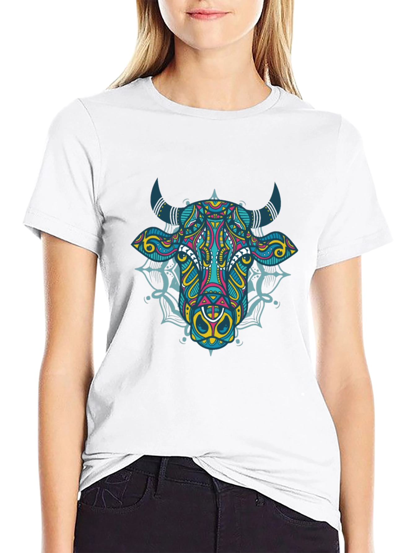 Psychedelic Bull Graphic Tee - Black Cotton T-Shirt
