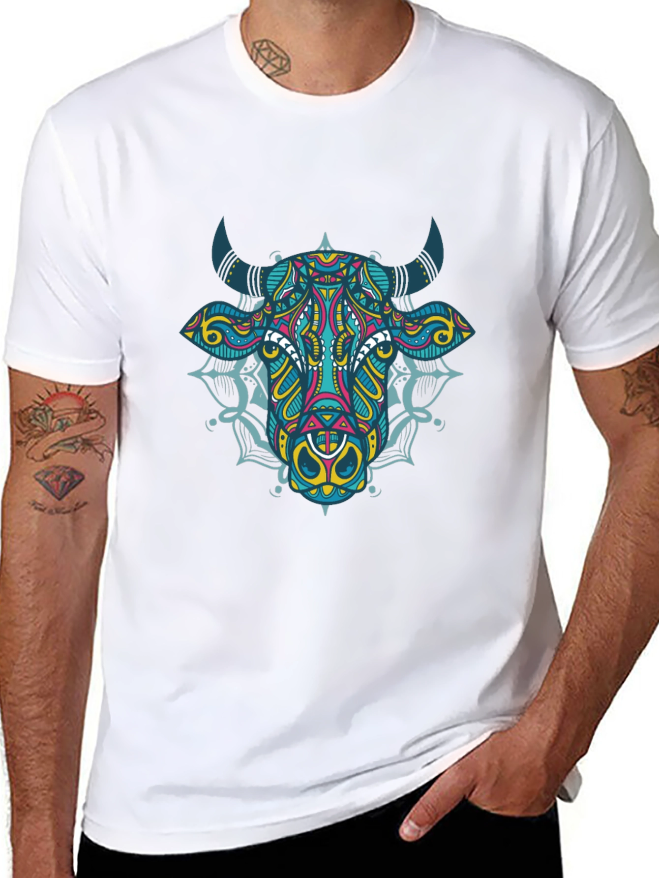 Psychedelic Bull Graphic Tee - Black Cotton T-Shirt