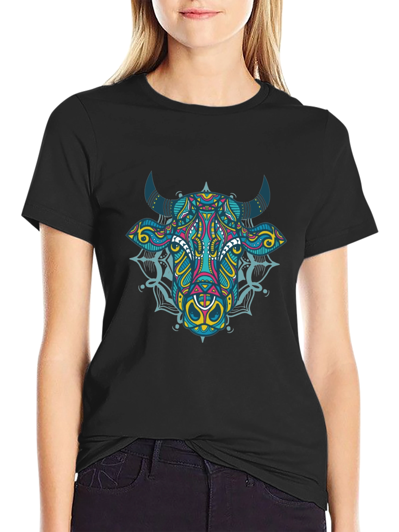 Psychedelic Bull Graphic Tee - Black Cotton T-Shirt
