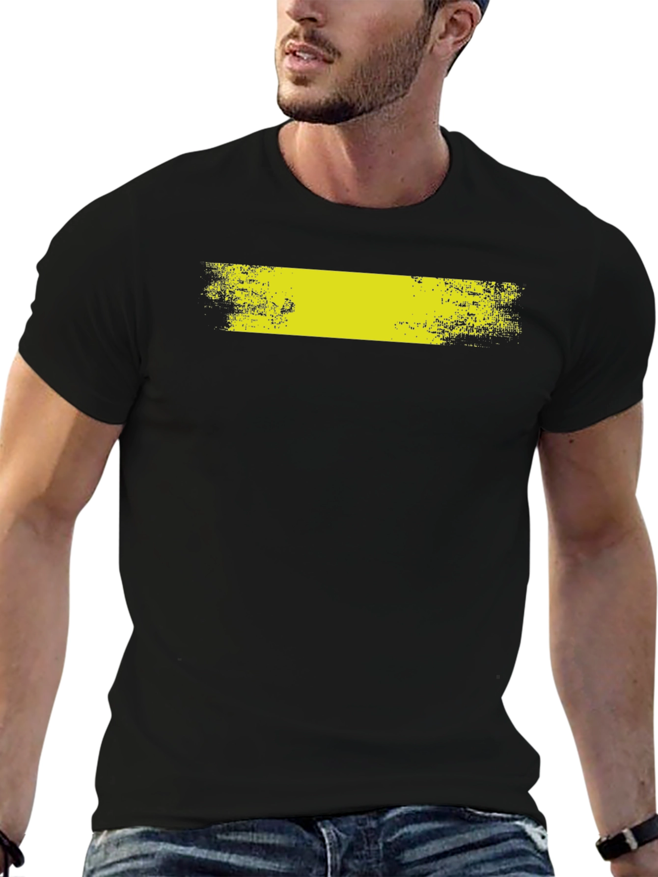 Black T-Shirt with Distressed Yellow Bar Graphic