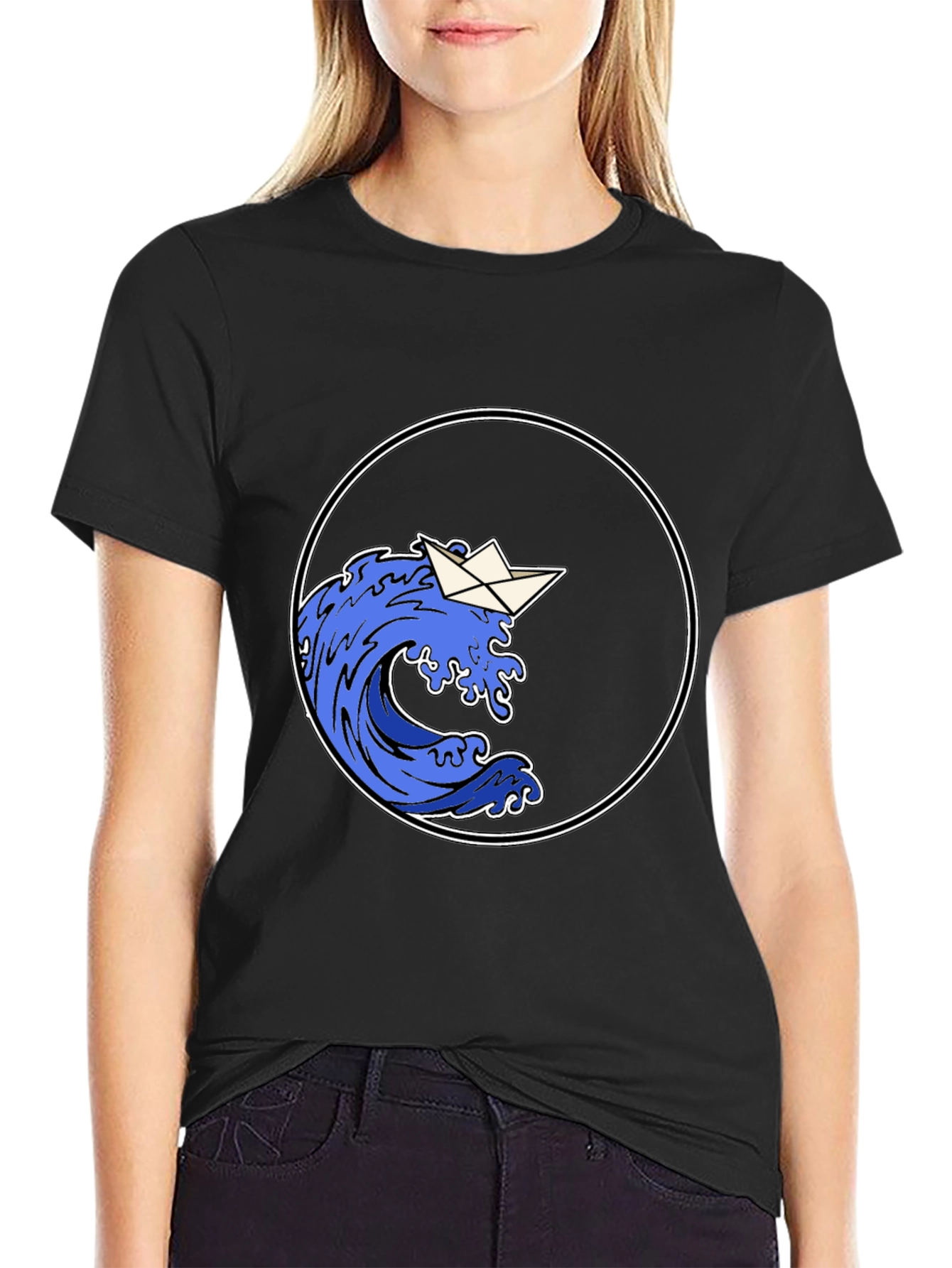 Paper Boat Wave Graphic Black T-Shirt